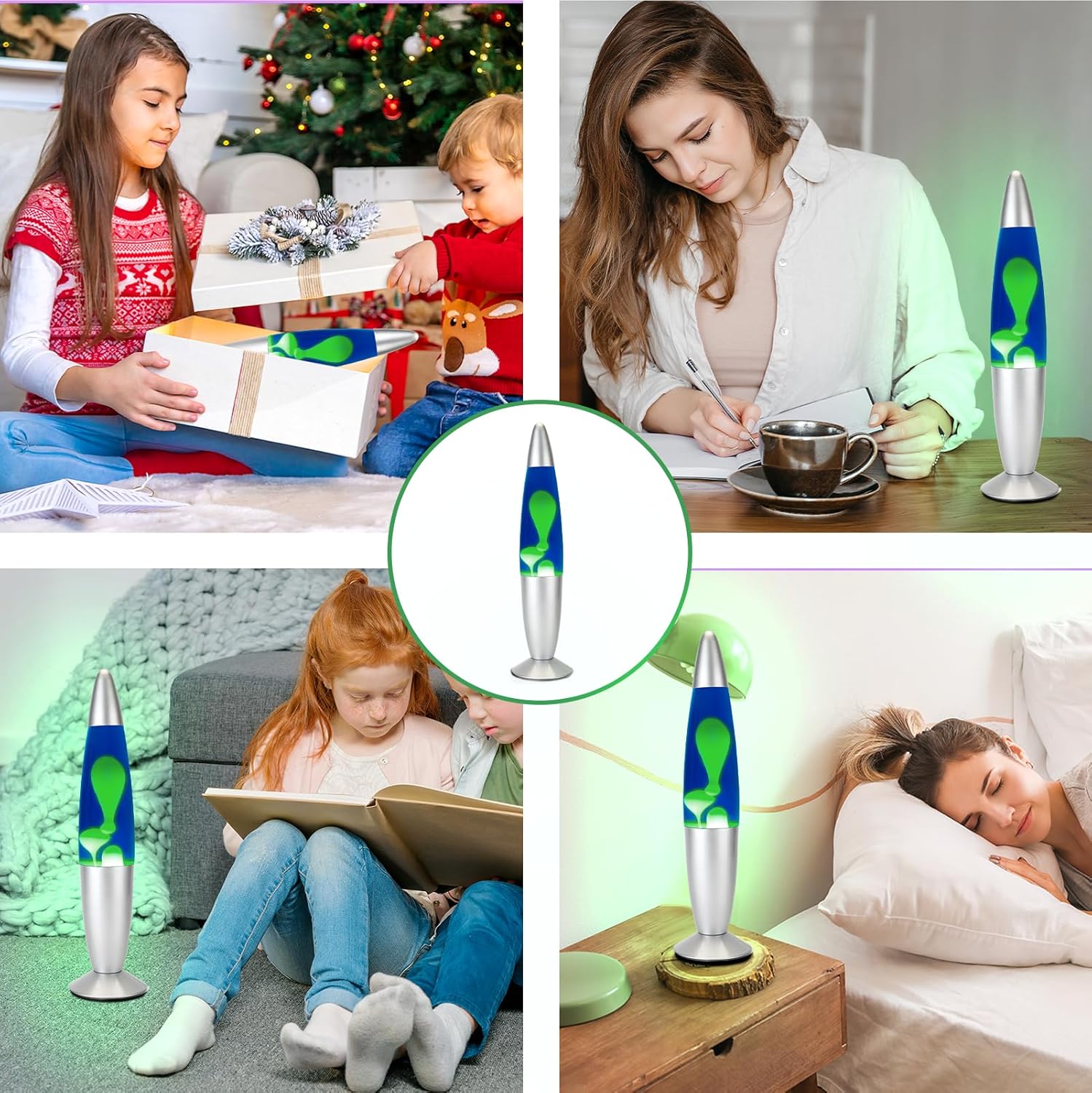 16 inches Liquid Motion Lamps, Gorgeous Night Light Lamp for Bedroom with Silver Base, Relaxing Mood Light Glitter Lamp for Kids, Adults, Home Decoration, Blue Magma Lamp with Green Wax