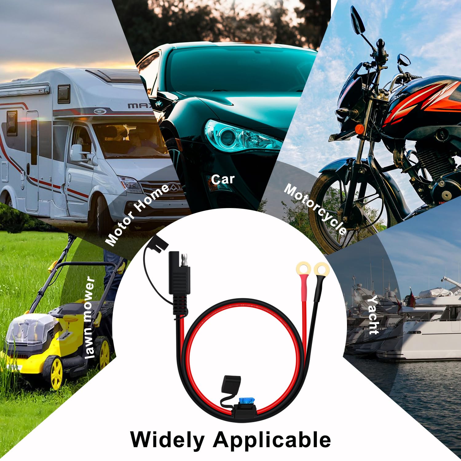 SAE Cable con Terminal de Anillo Cable Cargador Bateria Moto 14AWG 20A Cable Bateria Moto SAE con Fusible para Motocicletas, Paneles Solares, Automóviles, Barcos (1 m)