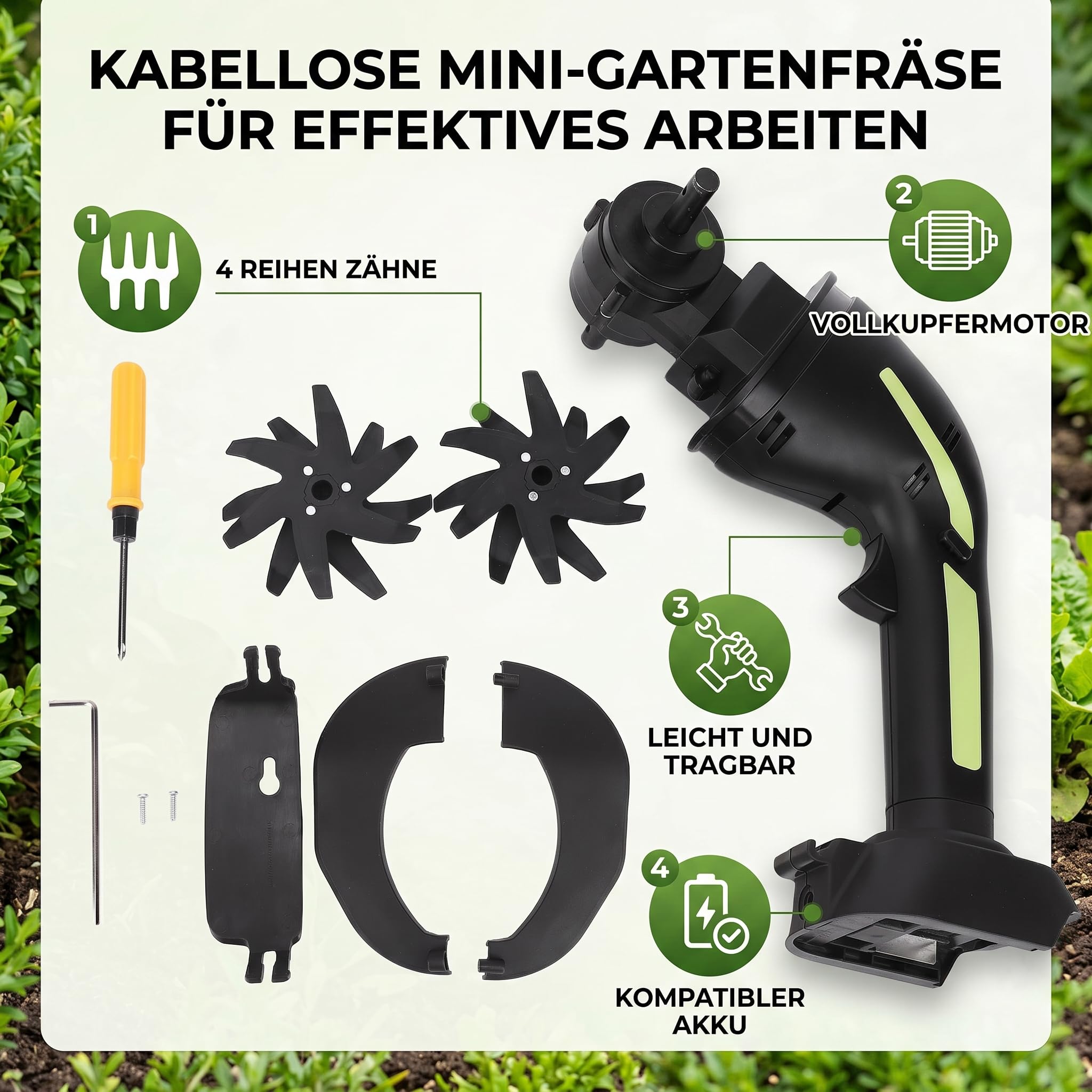 Yosoo Health Gear Motobineuse électrique, Motobineuse sans Fil avec Moteur à Noyau en Cuivre, Largeur et Profondeur de 4 Pouces, Lames en Acier au Manganèse 235 TR/Min, pour Ameublir Le Sol,