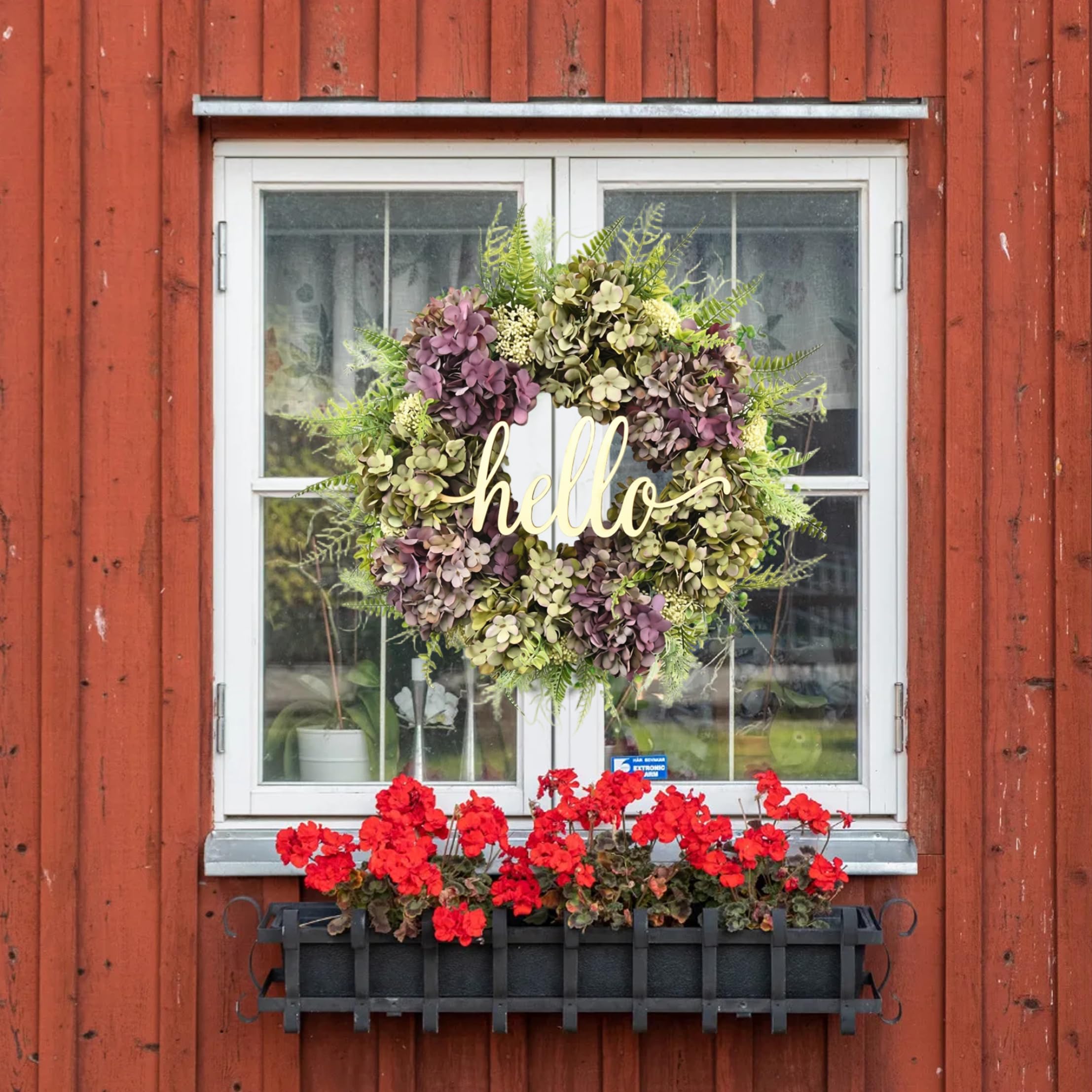 Künstliche Kunstblumenkränze für den Außenbereich, Hortensienkranz für die Haustür – realistische künstliche Kunstblumenkränze für den Außenbereich mit Willkommensschriftzug, lila-grün, 17, 72 Zoll