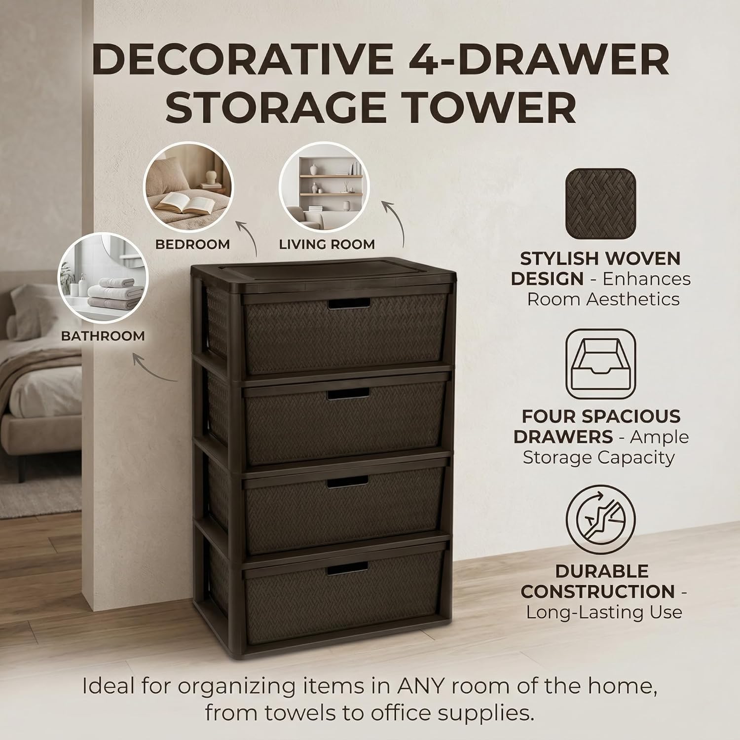 Wide 4-Drawer Plastic Storage Tower, Decorative Cross-Weave Dresser Organizer Enhance Your Space with Woven Elegance, Brown