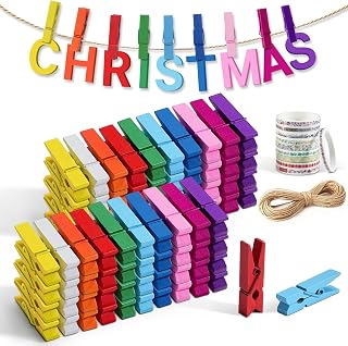 Mini Clothespins, Sopito 100 Pcs 1.4'' Strong Mini Clothespins for Photos with 10 Pcs Washi Tapes and 43 Ft Jute Twine, Colorful Wooden Small Clothes Pins for Picture, Crafts, Baby Shower