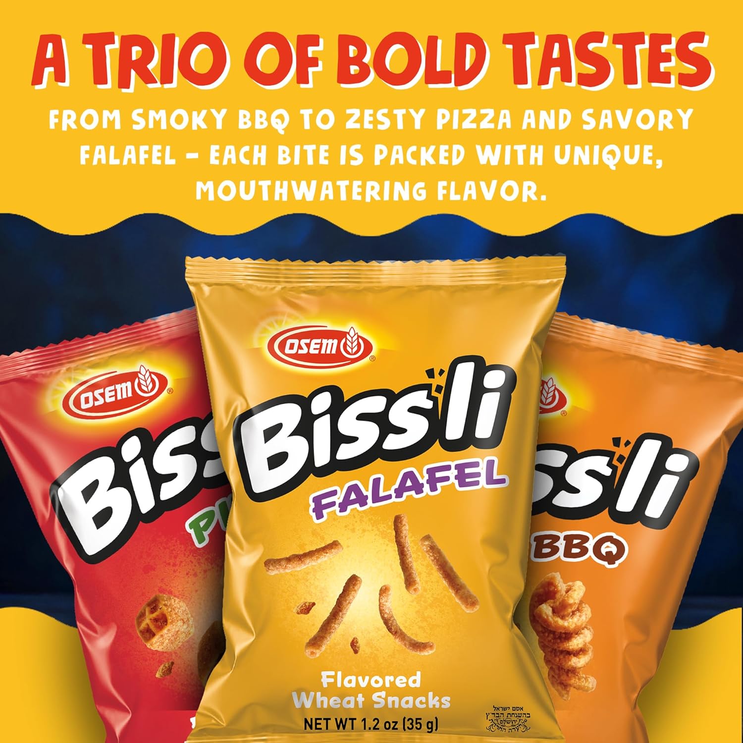 Osem Bissli Variety Pack - 3 Bold Flavors: Falafel, Pizza, BBQ, Baked Flavored Snacks, Crunchy Wheat Snacks for Kids & Adults - 1.23oz Bags (Pack of 12)