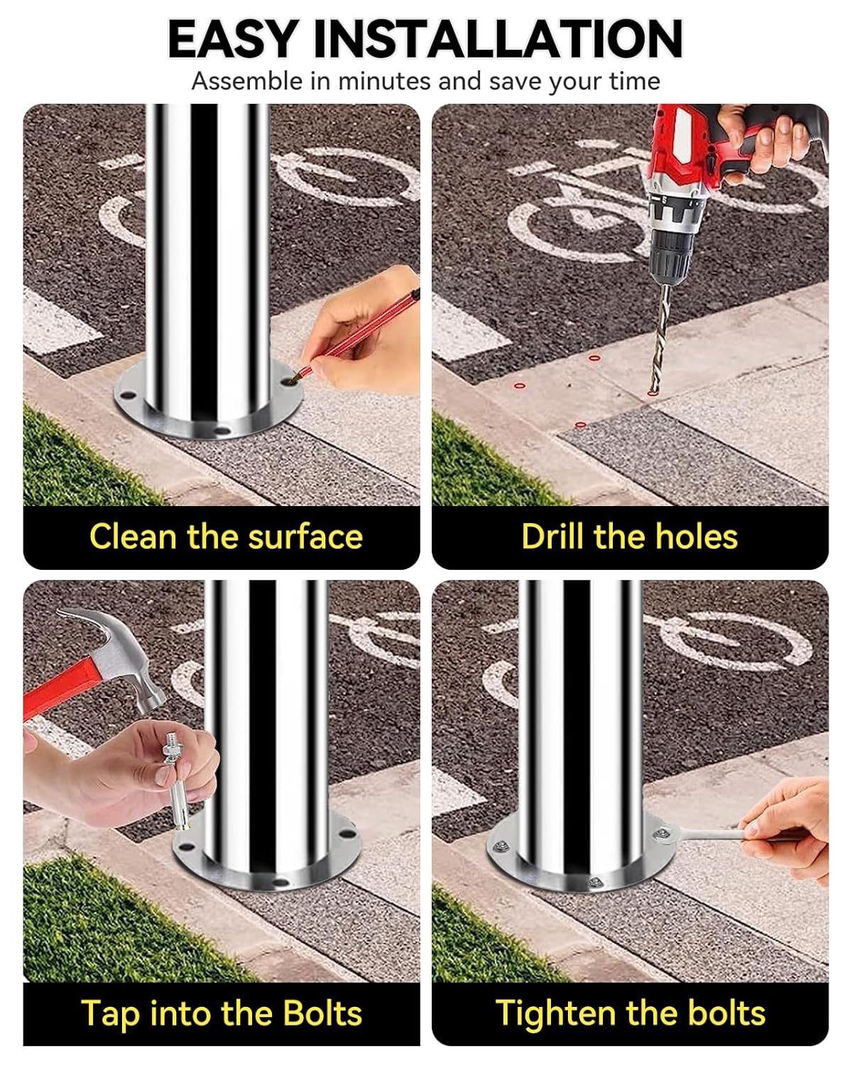 Safety Bollard 32" Stainless Steel with Reflective Strips & 16Ft Chain - Windproof Driveway Barrier, IP67 Waterproof Traffic Delineator Posts (2 Pack, 8 Anchors)