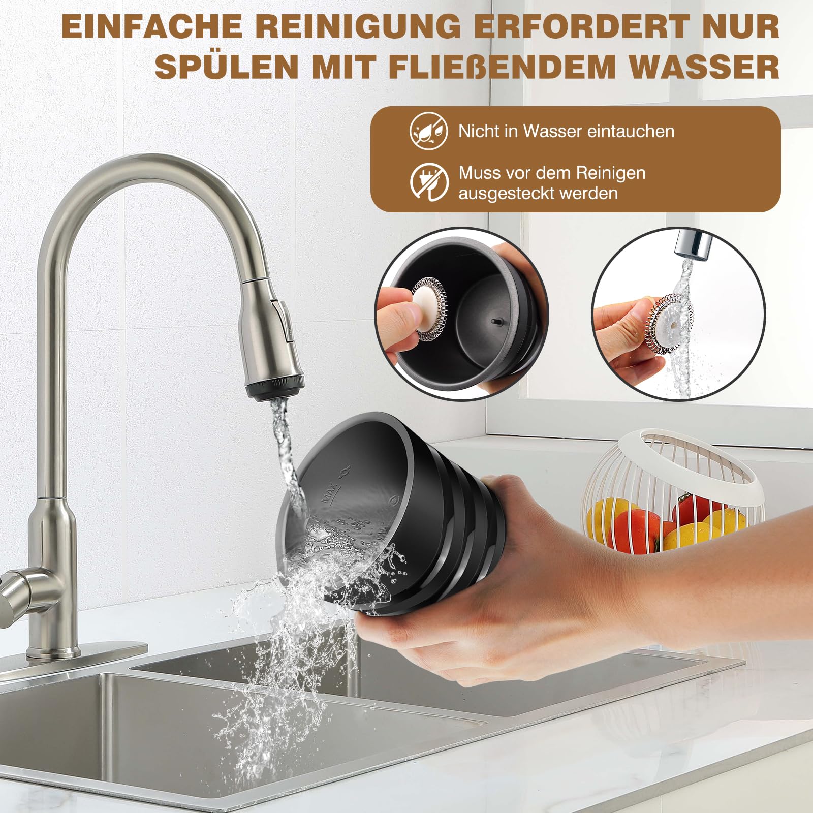 Montalatte elettrico 4 in 1, capacità 600 ml, in acciaio inox, rivestimento antiaderente, schiuma di latte calda e fredda, per latte macchiato, cappuccino e cacao (nero)