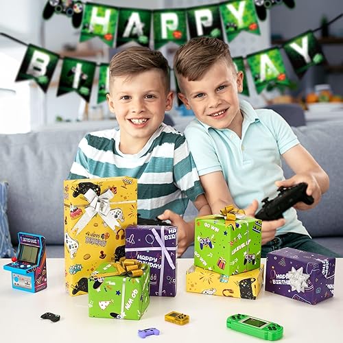 Miniatura 6 de WERNNSAI Rollos de papel de regalo para videojuegos, 3 rollos cortos de papel de regalo de cumpleaños, papel de regalo de videojuegos para niños,