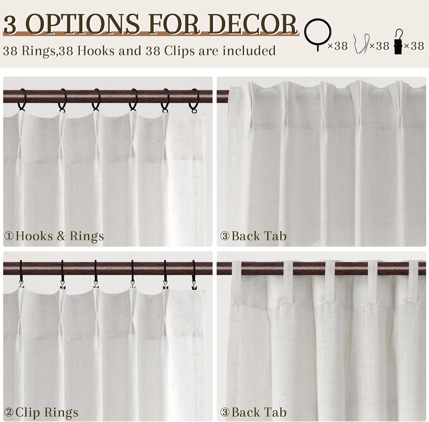 Joywell Natural Linen Pinch Pleated Curtains 84 inches Long 4 Panels Set for Living Room Semi Sheer Light Filtering Curtain Modern Neutral Pinch Pleat Drapes for Bedroom Window Cream Ivory 40x84