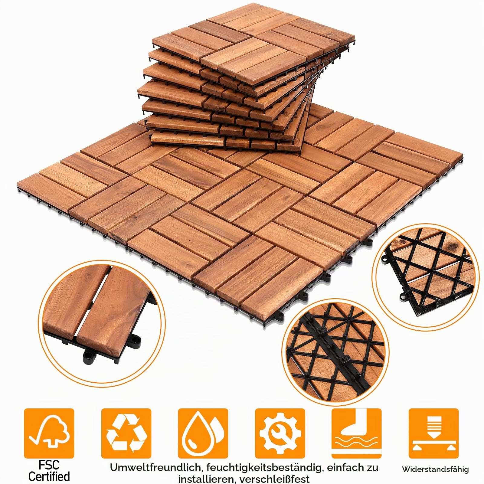 Holzfliesen balkon bodenbelag,1m²holzfliesen balkon,30x30 cm,Akazienholz Terrassenfliesen,Gartenfliesen für Garten Terrasse Balkon Patio,Leicht verlegbar,wetterfest-(11 Stück-12 Latten Fliese)