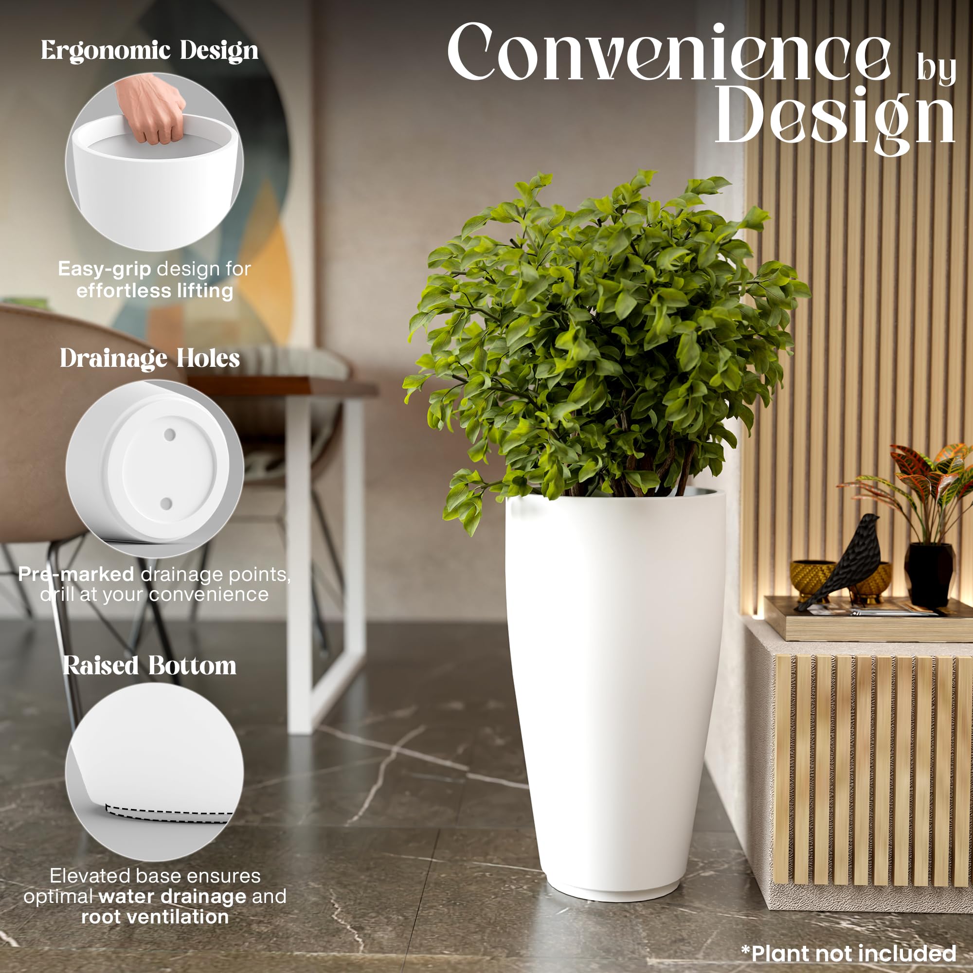 YUCCABE ITALIA Foxb Vnr 30 Inch Pots for Plants Highly Durable Polymers Lightweight Indoor Outdoor Tall Flower Pot Gamla Tree Planter Container Planters for Living Room, Balcony,Garden Home, Beige 2