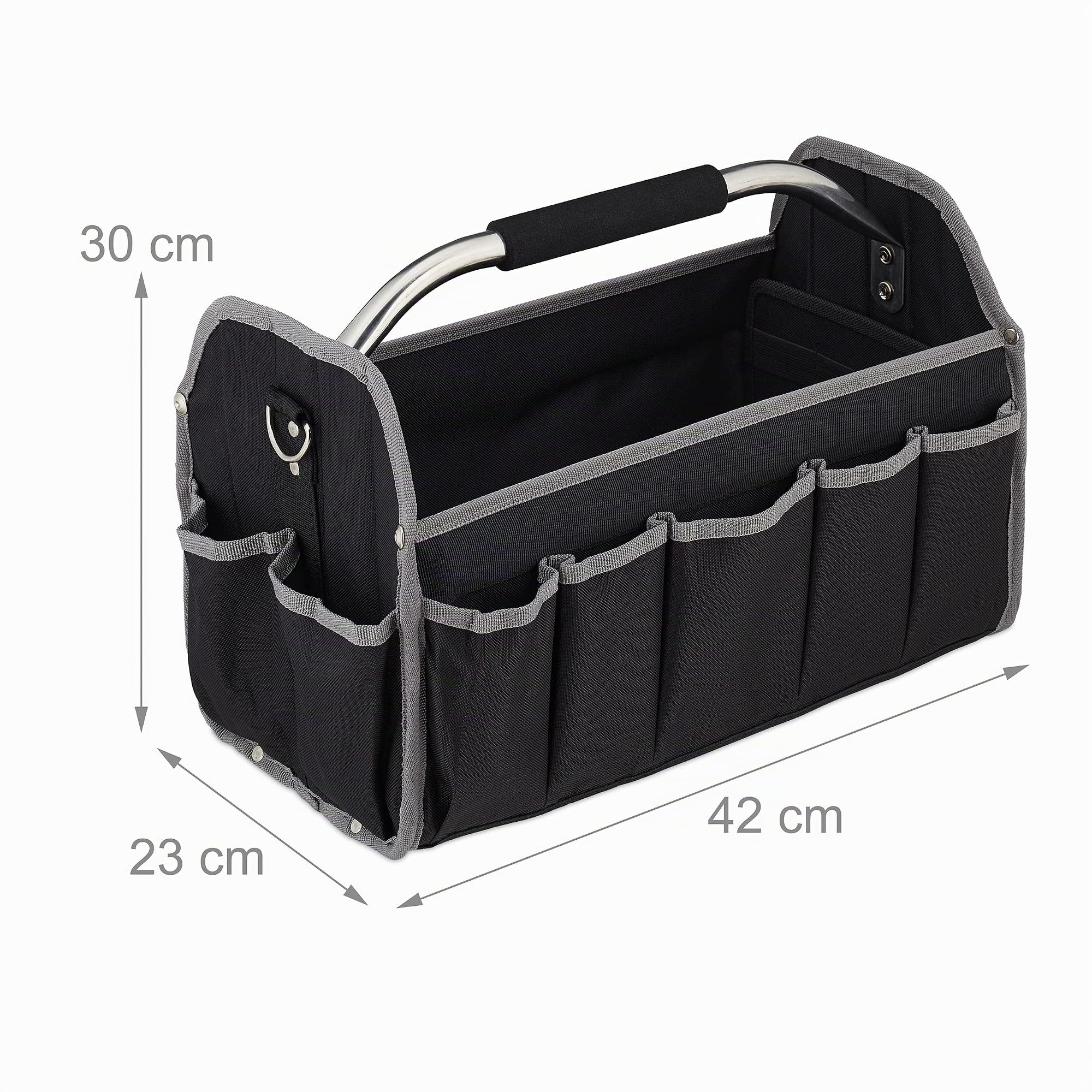 Relaxdays Borsa per Gli Attrezzi, Vuota, con Manico e Cintura, Scoparti per Gli Utensili, da Lavoro, 30x42x23 cm, Nero