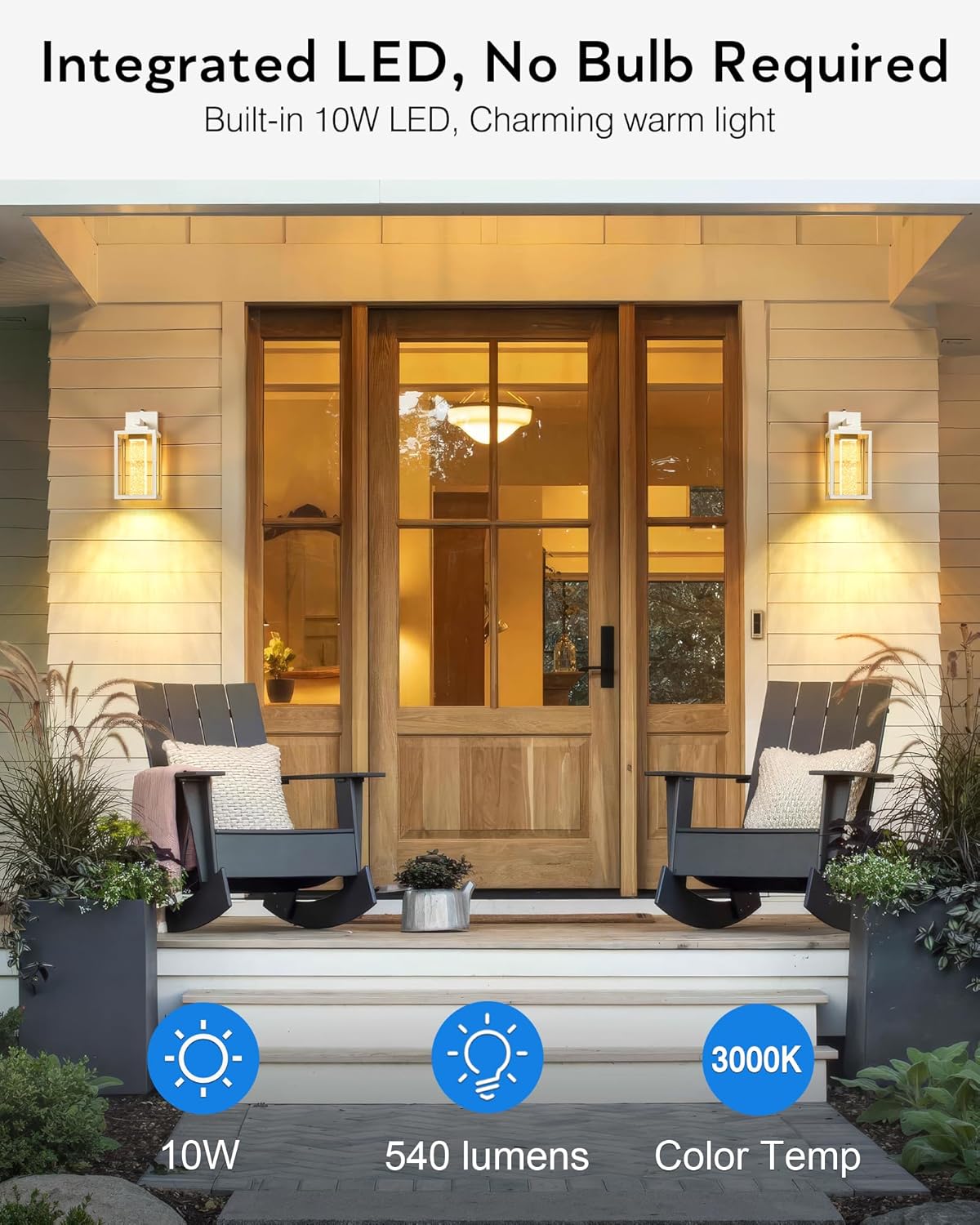VIANIS White Outdoor Garage Lights Wall Mount, 2 Pack Dusk to Dawn Outdoor Coach Lights for House with Integrated 10W LED Light Source Crystal Bubble Glass, Modern Exterior Porch Light Wall Sconce