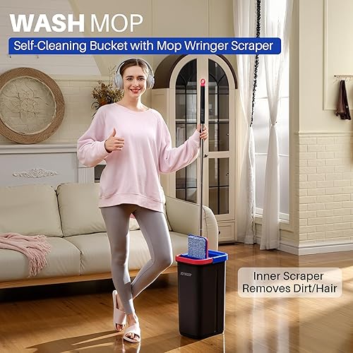 Miniatura 2 de JOYMOOP Juego de trapeador y cubo para el hogar, sistema de autolimpieza manos libres, con 3 almohadillas de microfibra reutilizables, adecuado para