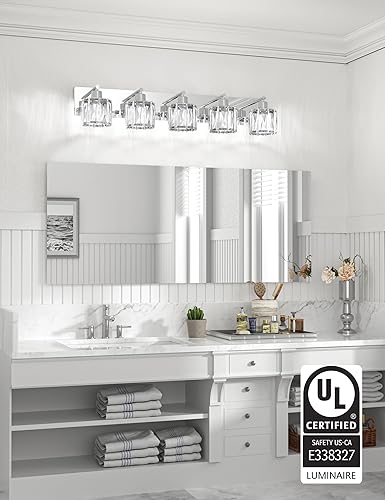 Miniatura 6 de VOLISUN Luces de tocador de cristal  5 lámparas modernas de acero inoxidable y cromo para baño sobre espejo  Certificado UL (excluye bombilla)