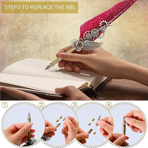 Miniatura 4 de NC Juego de caligrafía de plumas, incluye 5 botellas de tinta y 6 puntas de acero inoxidable reemplazables, bolígrafo de caligrafía para escribir,