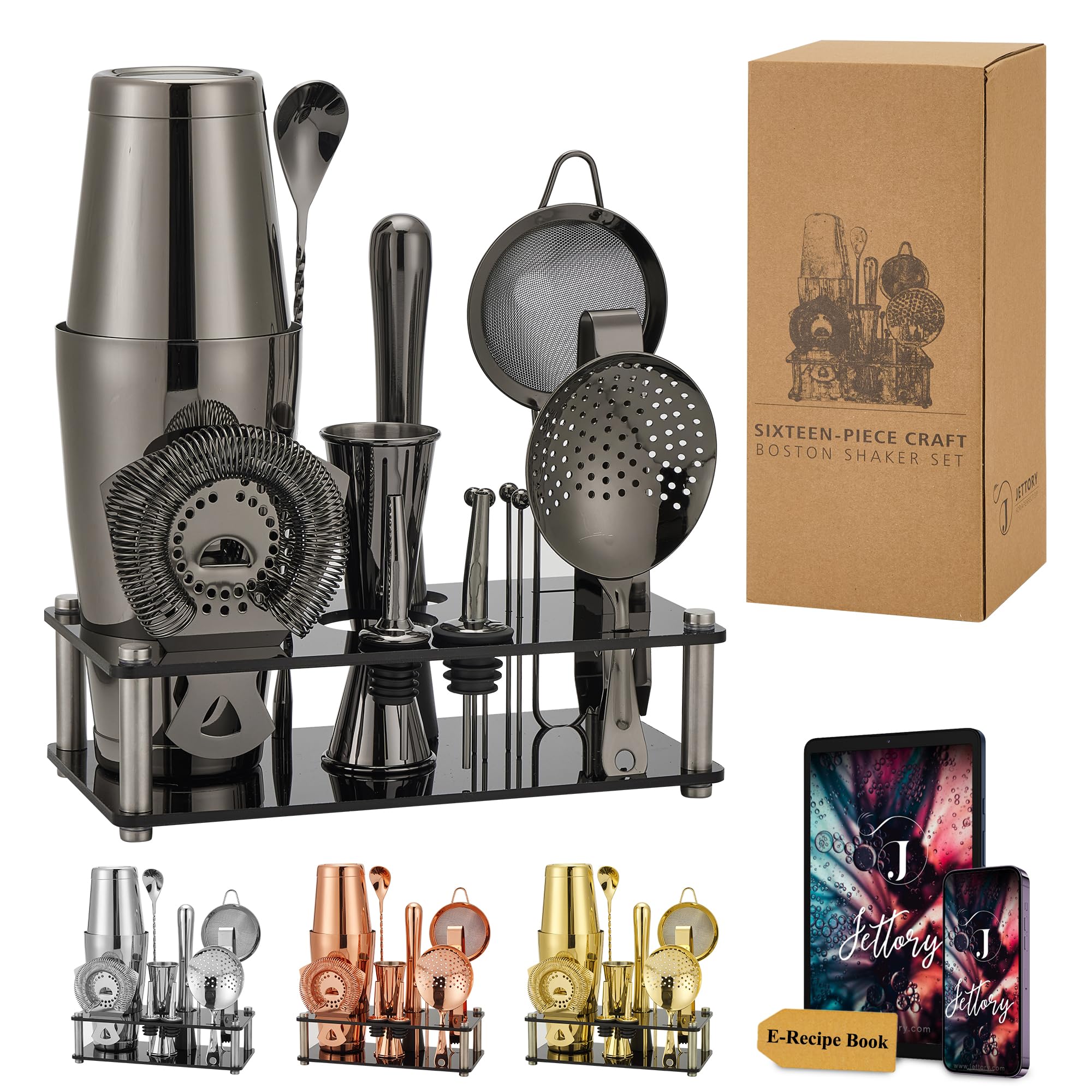 Boston Shaker Set – Set da Cocktail da 16 Pezzi in Acciaio Inossidabile 304 con Base in Acrilico, Colino, Pinza Ghiaccio, Cucchiaio da Bar, Misurino, Pestello, Versatori e Cocktail Picks