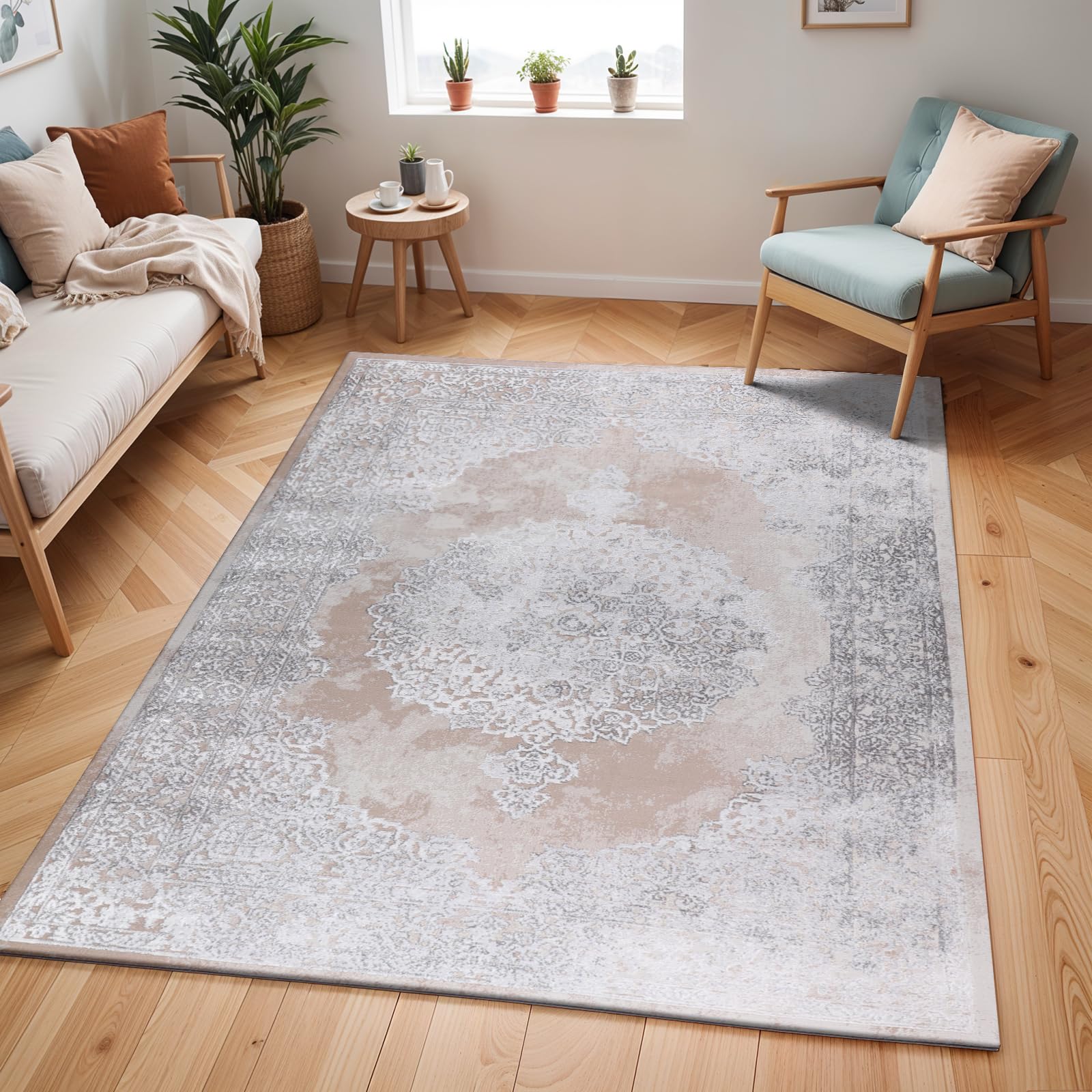 Livabliss DEFNE Vintage Oriental Boho Beige/White Area Rug - Brown - 200 x 275 cm