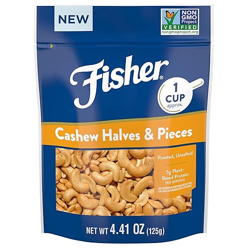 Fisher Mitades y piezas de anacardo, sin sal, culinaria una taza, sin conservantes, vegano, naturalmente sin gluten, sin OMG, 4.41 onzas (paquete de