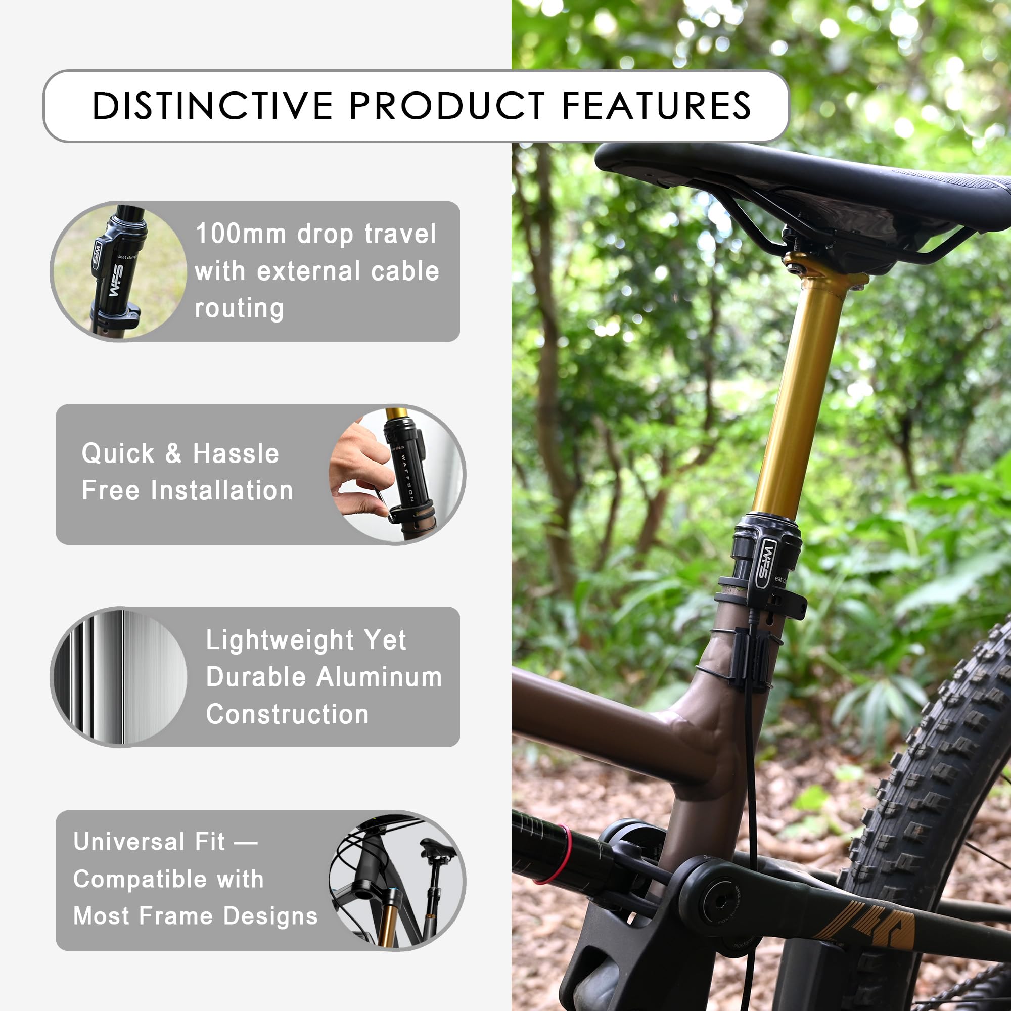 WFS Vresa External Routing Dropper Post Kit with Adjustable Air Cartridge-30.9/31.6mm, Lightweight Aluminum Alloy Seatpost w/ Remote Lever for Mountain Bike, Road Bikes, Gold