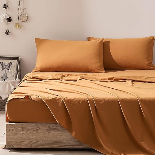 JELLYMONI Juego de sábanas tamaño Queen, 4 piezas, algodón caramelo, de fácil ajuste, 16 pulgadas de profundidad, 100% algodón lavado, suave y