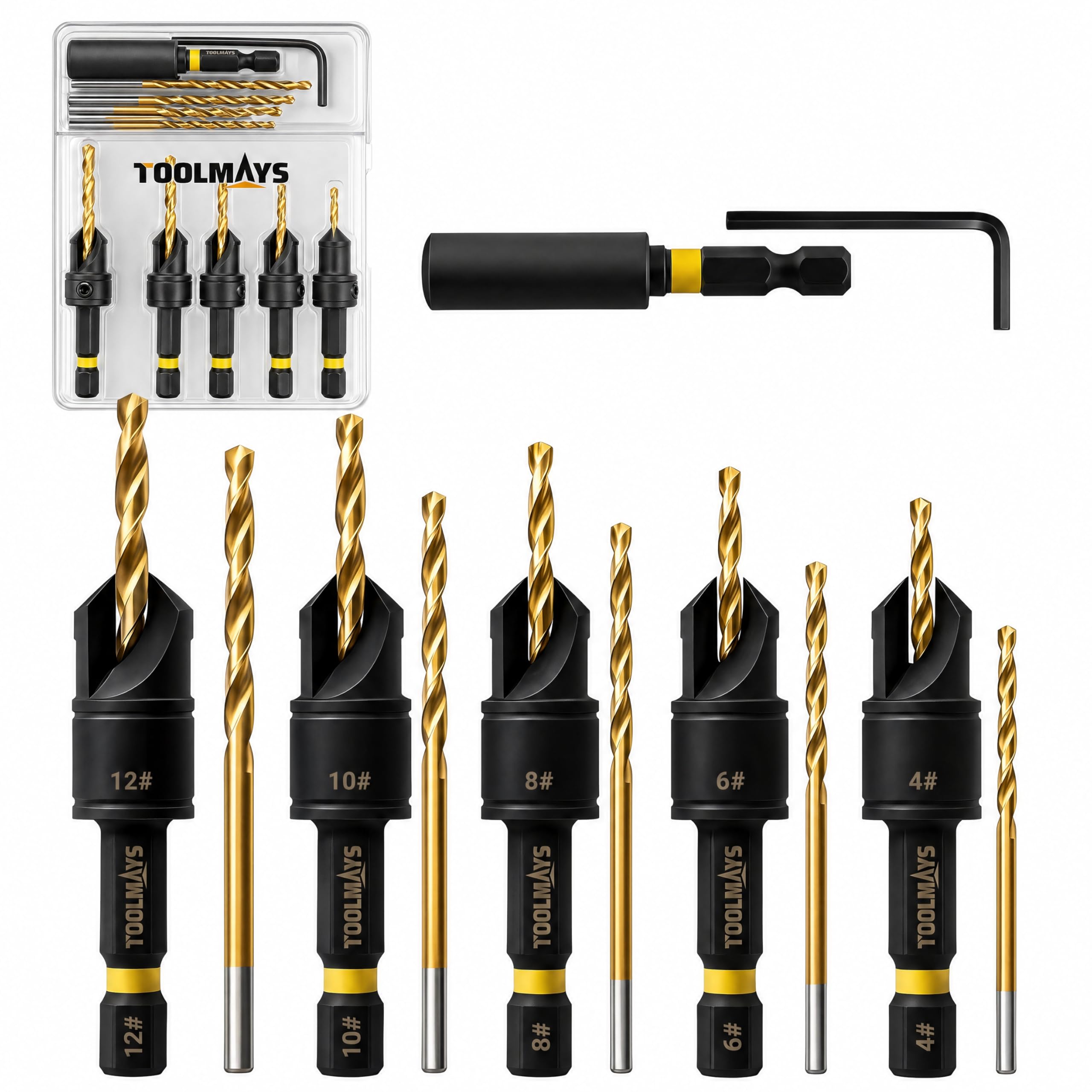 TOOLMAYS Countersink Drill Bit Set, 12 Pcs Wood Drill Bits, #4, #6, #8, #10, #12, Magnetic Extension Adjustable Bit Holder For Woodworking With Storage Box, Counter Sink Drill Bits For Wood