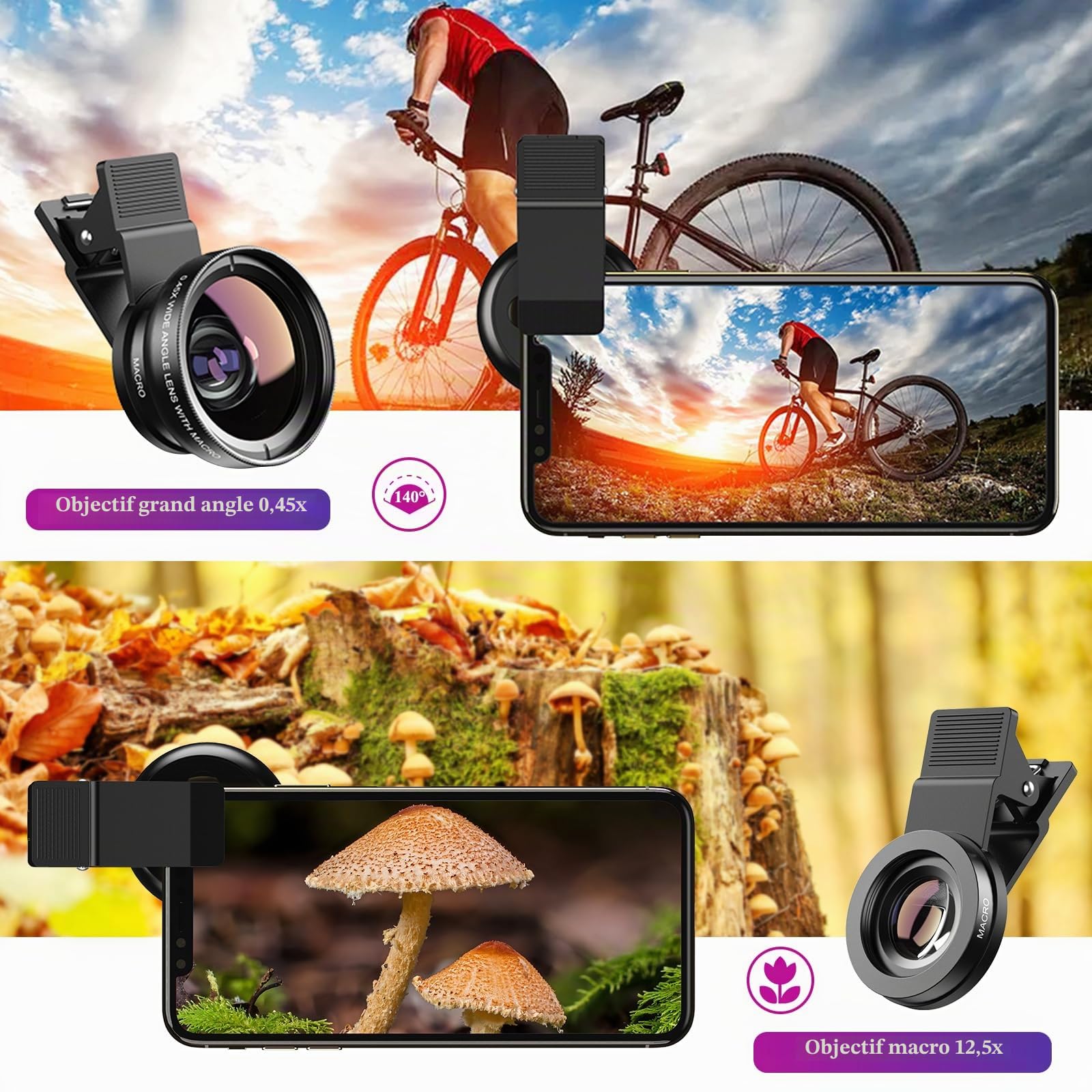 APEXEL Objectif 2 en 1 pour Appareil Photo de téléphone - Objectif Macro 12,5X pour iPhone 0,45X - Objectif Grand Angle 140° - Objectif de téléphone pour iPhone 14Pro, Samsung Galaxy S10