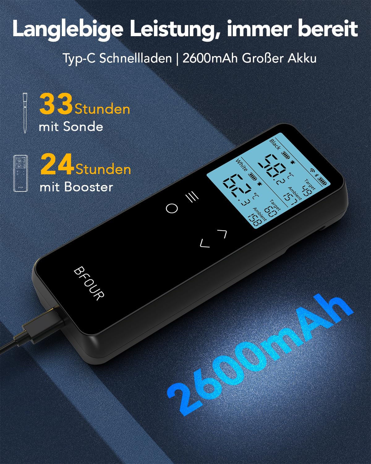 BFOUR BF-80 Fleischthermometer kabellos, WLAN & Bluetooth Grillthermometer, 2 Sonden, WLAN unbegrenzte Reichweite, IP67 wasserdicht, APP-Steuerung, Bratenthermometer für BBQ, Backofen, Grill