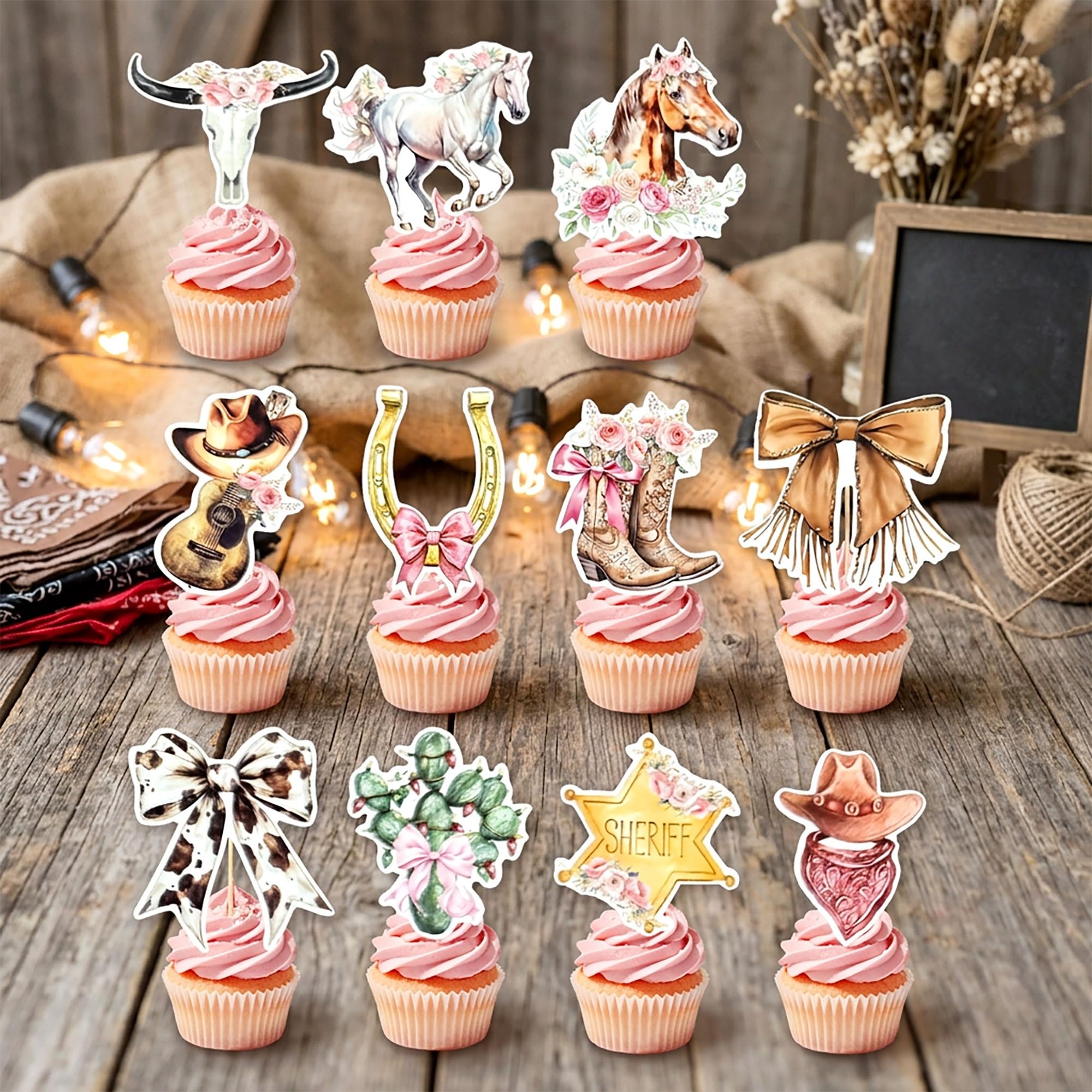24 PCS Western Cowgirl Cupcake Toppers Coquette Cake Decor Picks