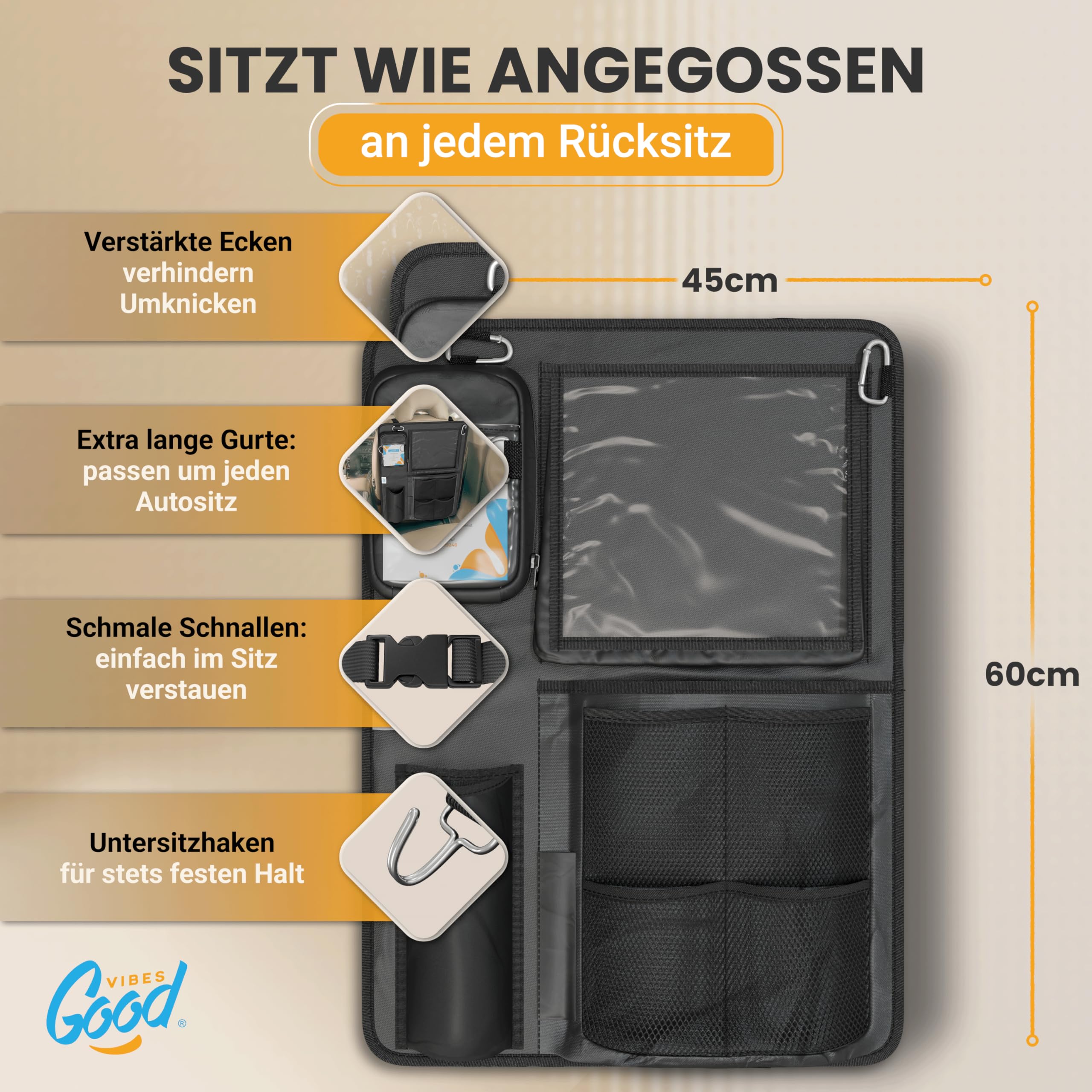 Good VIBES® 2 organizer per seggiolini auto per bambini, 45 x 60 cm, per tablet, borraccia, giocattoli e altro ancora, organizer regolabile per sedili posteriori per bambini con cintura extra lunga