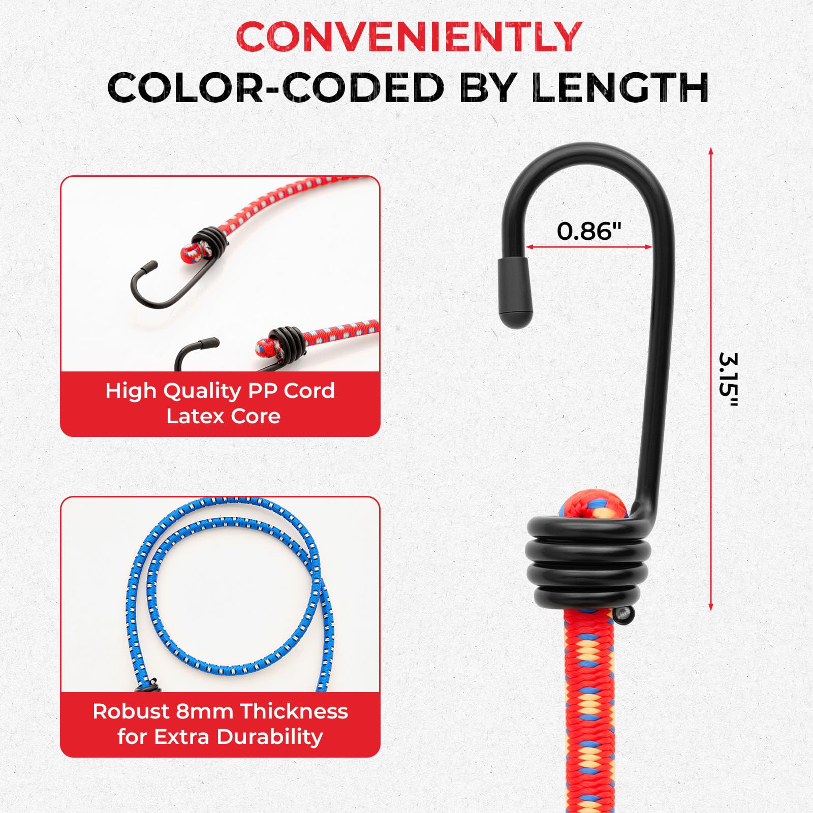 Lot de 20 tendeurs élastiques robustes avec crochets – 30,5 cm, 45,7 cm, 76,2 cm, 91,4 cm, 121,9 cm – Sangles élastiques de qualité supérieure pour camion, camping-car, cargaison et fixation d'auvent