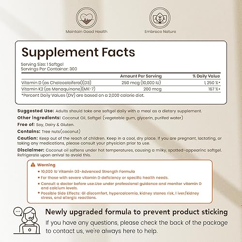 Miniatura 2 de VEV Vitamina D3 K2 10000 UI, 300 cápsulas blandas de aceite de coco, Corefeel 2 en 1 Vitaminas Suplemento D y K (incluye MK7), fácil de tragar,