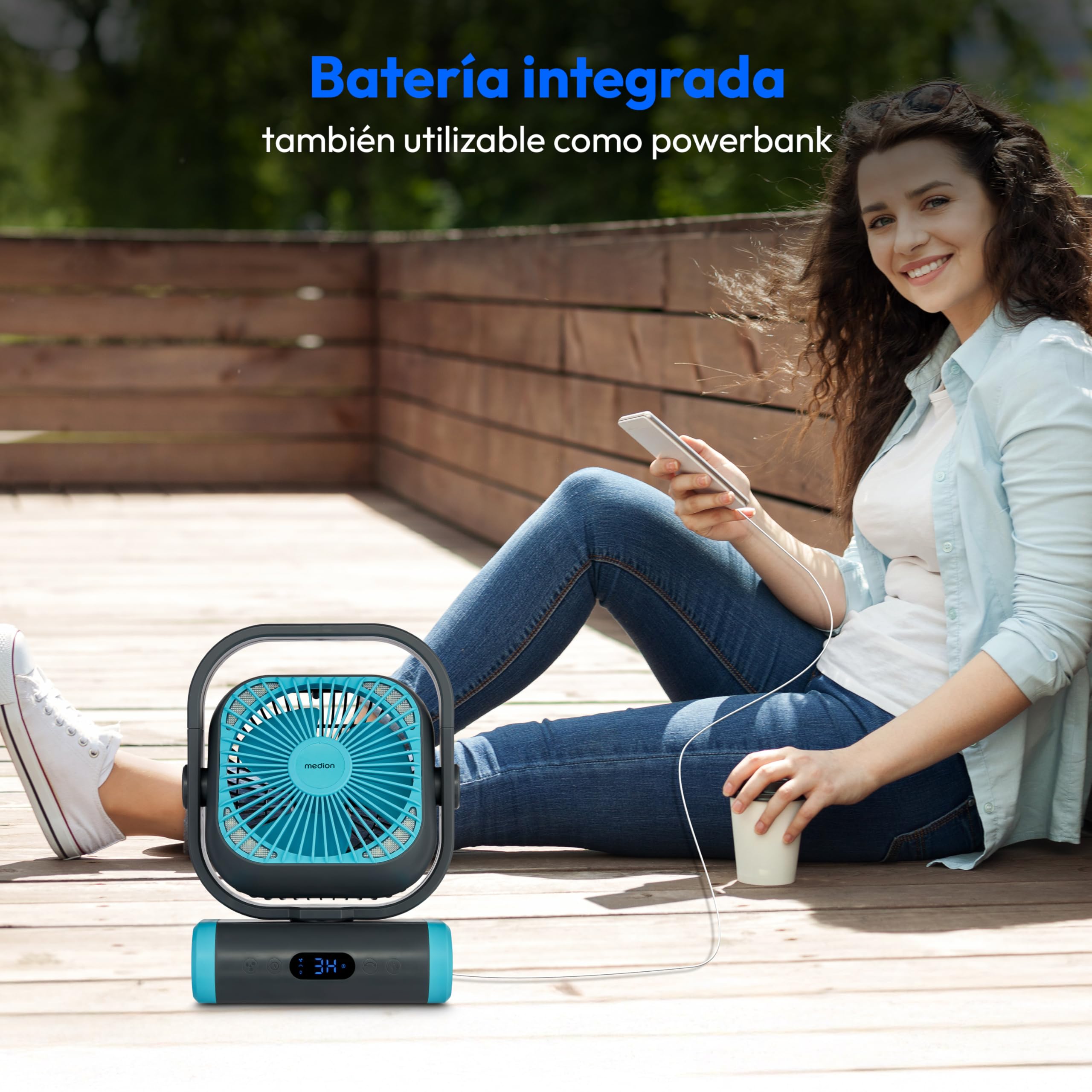 MEDION Ventilador E10 TF (batería, mini ventilador USB pequeño con luz, mando a distancia, 5 niveles, oscilación, gancho para colgar, función powerbank, ideal para oficina camping tienda), verde
