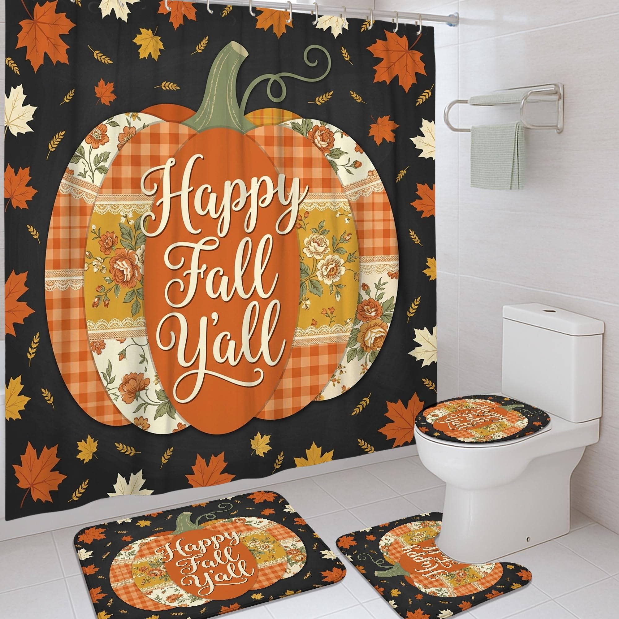 Rideau de douche citrouilles anti-éclaboussures avec tapis doux pour sol sec et propre