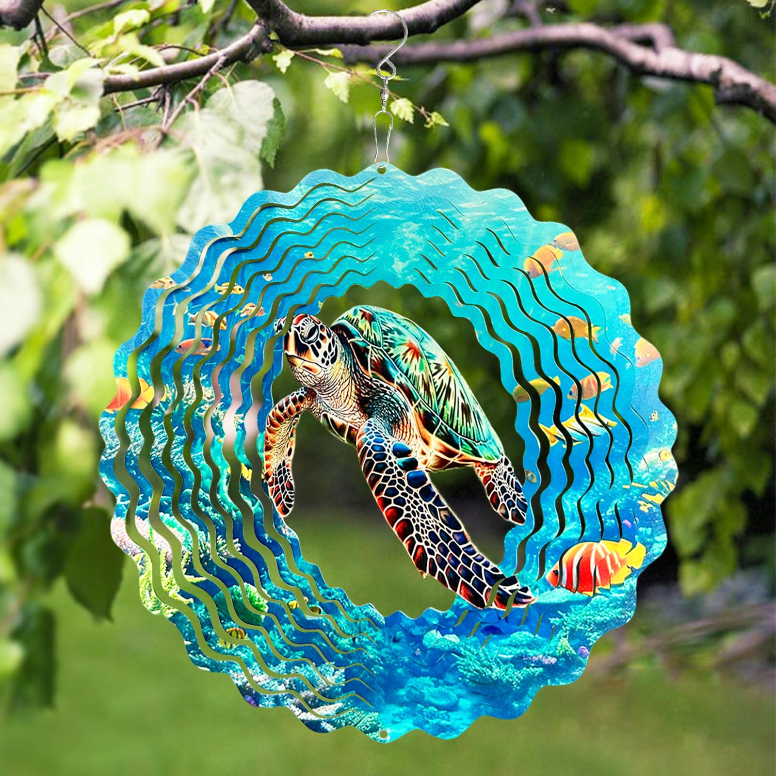 Sea Turtle 3D Wind Spinner 10 inch Hanging Spinners Outdoor Laser Cut Weatherproof Metal Art for Outdoor Décor Patios Gardens and Coastal Living Ocean Themed Ornament Gifts for Woman Mom Wife