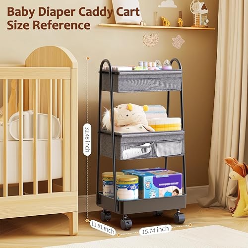 Miniatura 3 de Carrito rodante de 3 niveles Organizador de pañales para bebé, carrito utilitario de 3 niveles, artículos esenciales para el cuarto del bebé, gran