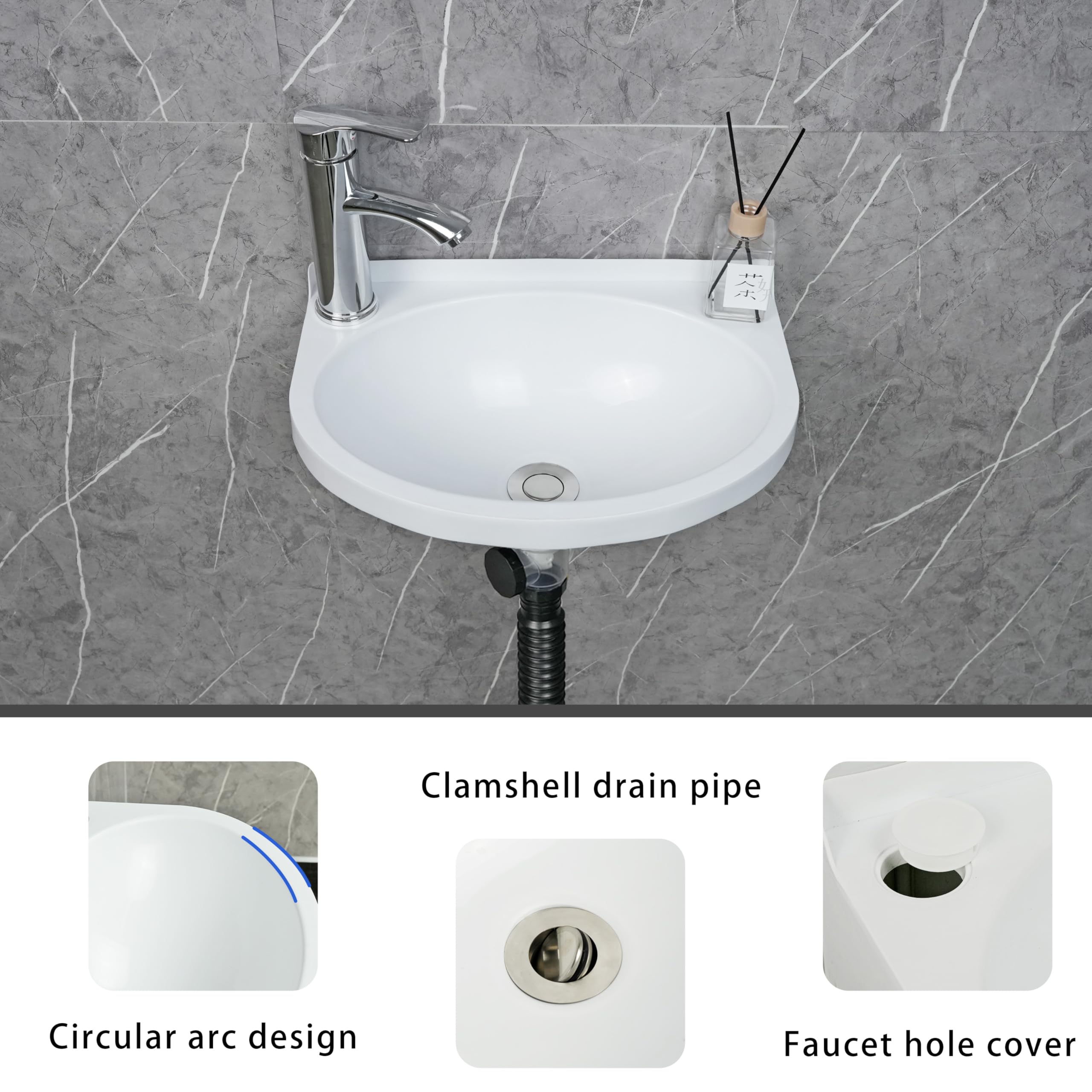 Lavello da bagno piccolo da parete, installazione senza trapano, autoadesivo, 30 x 28 cm, con foro per rubinetto da 3,2 cm, mini lavello in plastica per casa, dormitorio, garage