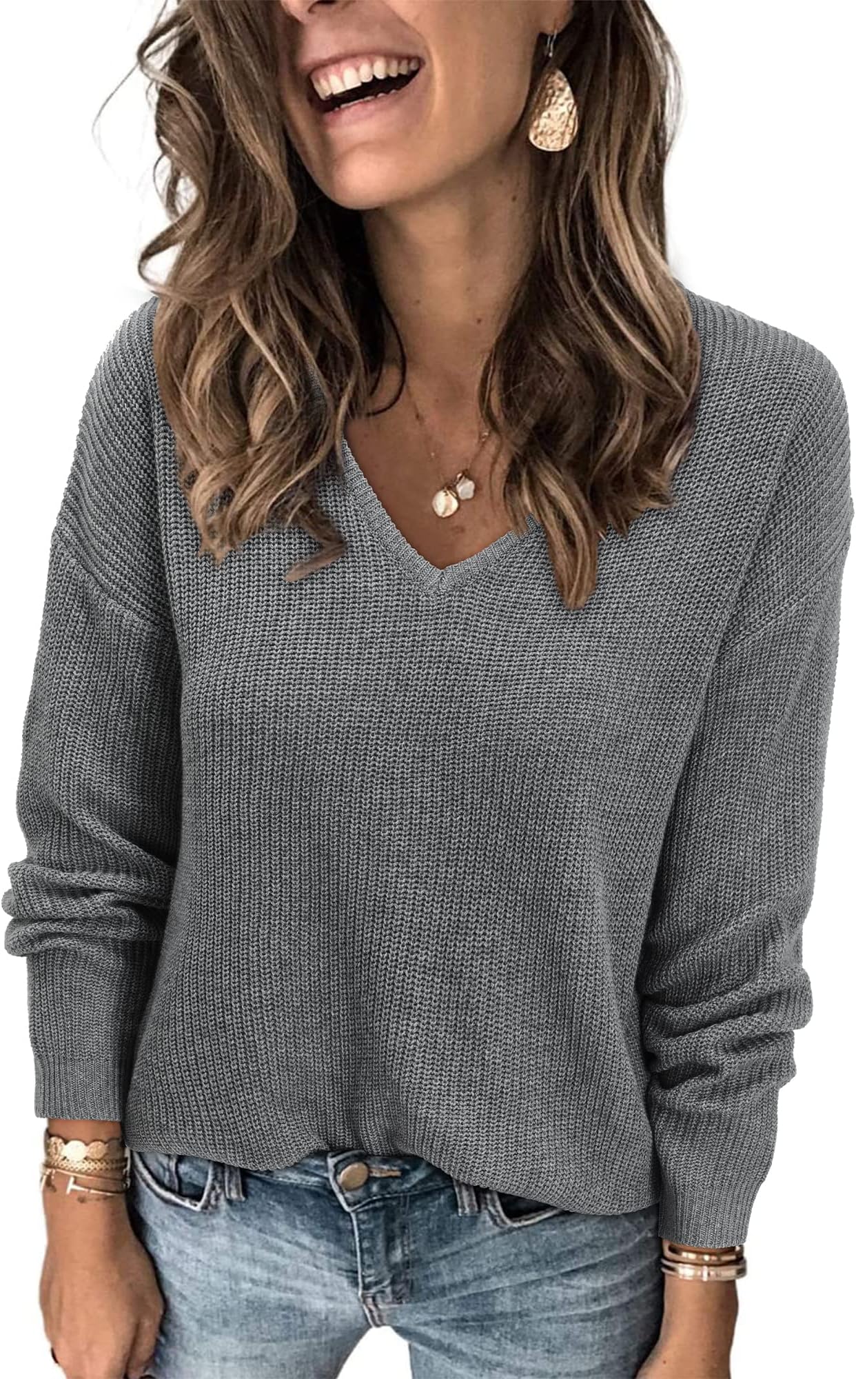 Women's Fall Sweater 2024 Long Sleeve Tops Fashion Outfits Trendy Casual V Neck Oversized Pullover Sweaters