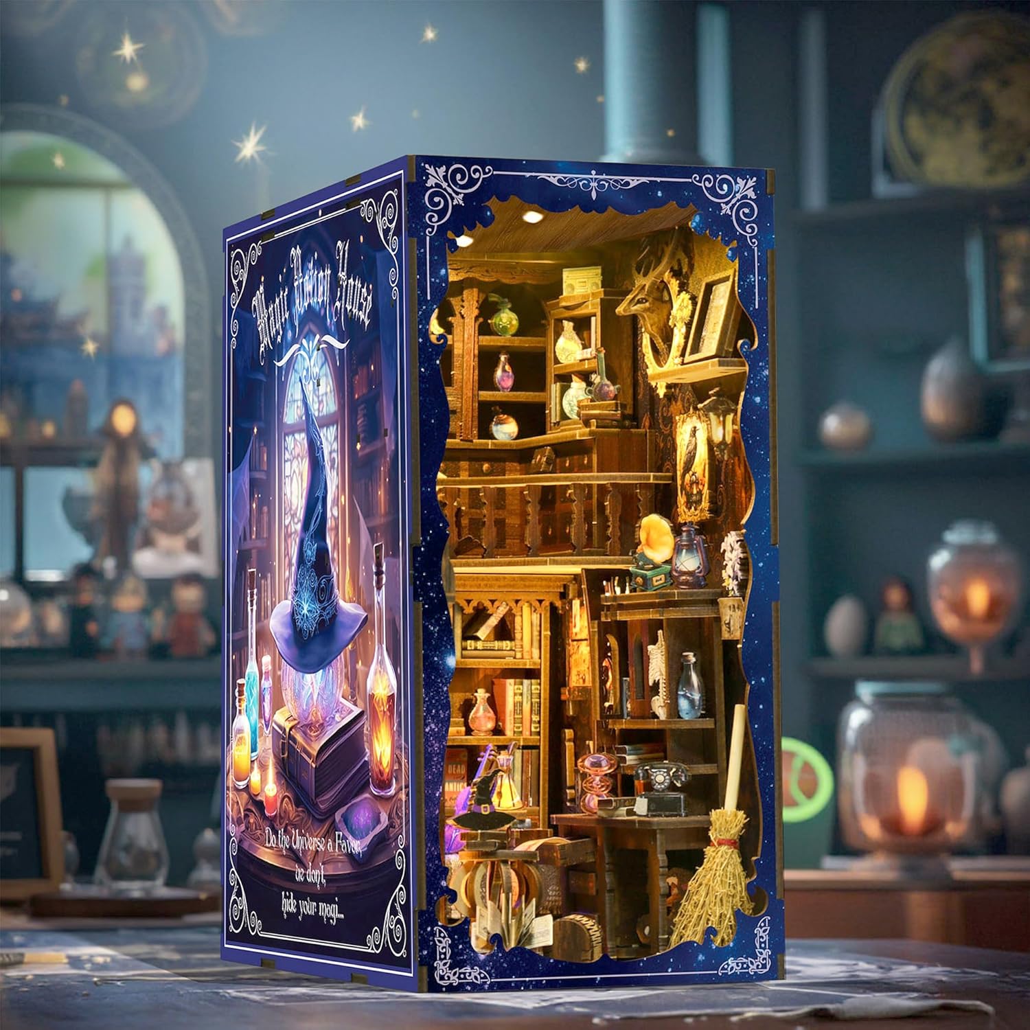 DIY Book Nook Kit for Adults, 3D Wooden Puzzle Bookshelf Insert Decor with LED Light & Stickers, Dust Cover,Miniature House Craft Gifts for Family,Friends and Book Lovers（Magic Potion House）