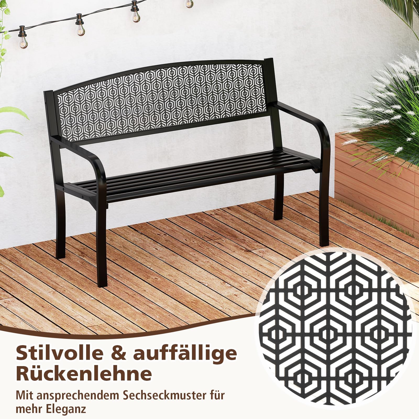 FANTASK Gartenbank für 2 Personen, Eisenbank für Garten, Terrasse, Balkon Metall mit Armlehne (Schwarz), 128 x 60 x 86 cm