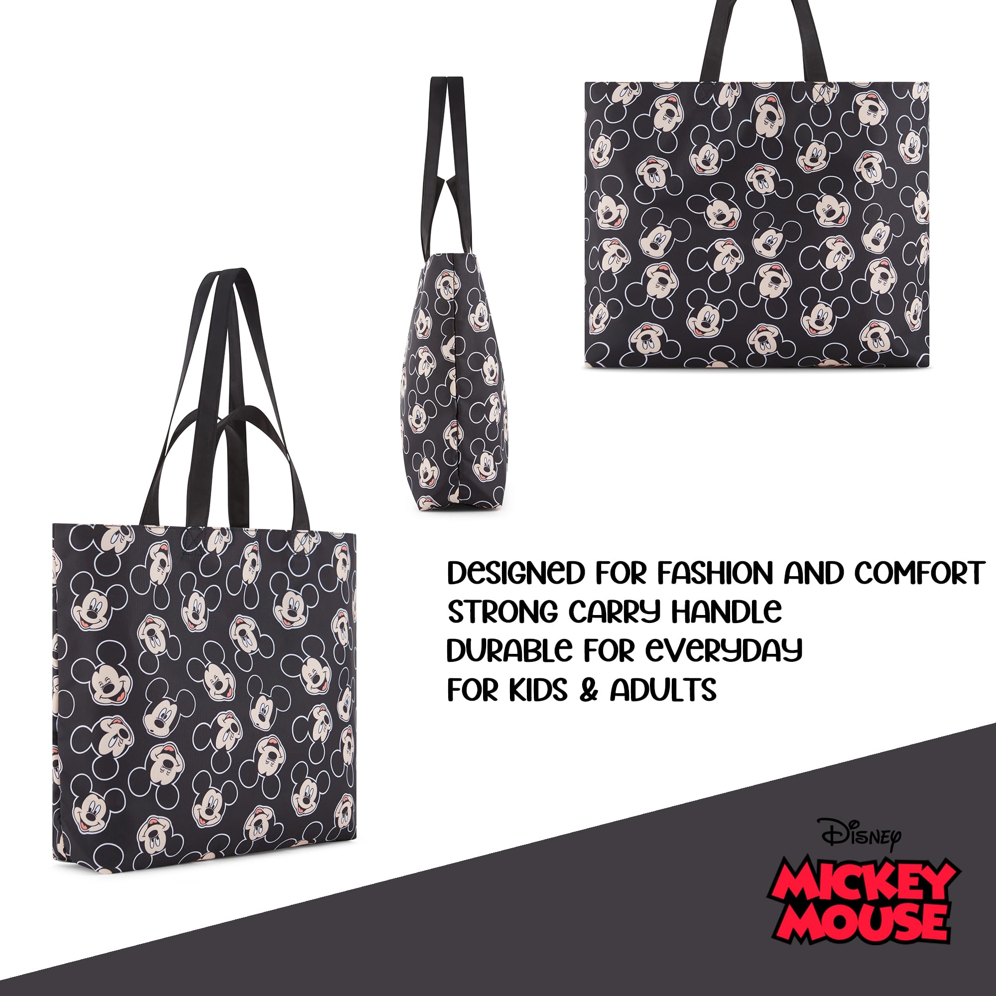 Disney Mickey and Minnie Mouse Canvas Tote Bag - All Over Print Tote Bags with Short & Shoulder bag for Women - Reusable Grocery Bag for Shopping, Travel, School or Everyday Use (Black)