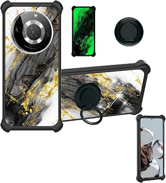 Aroepurt Case Compatible for Ovion V11 Lite Phone Case Cover [with Tempered Glass Screen Protector][Hard PC + Soft Silicone][Ring Support] [Gold Glitter+Luminous] JSH-HDL