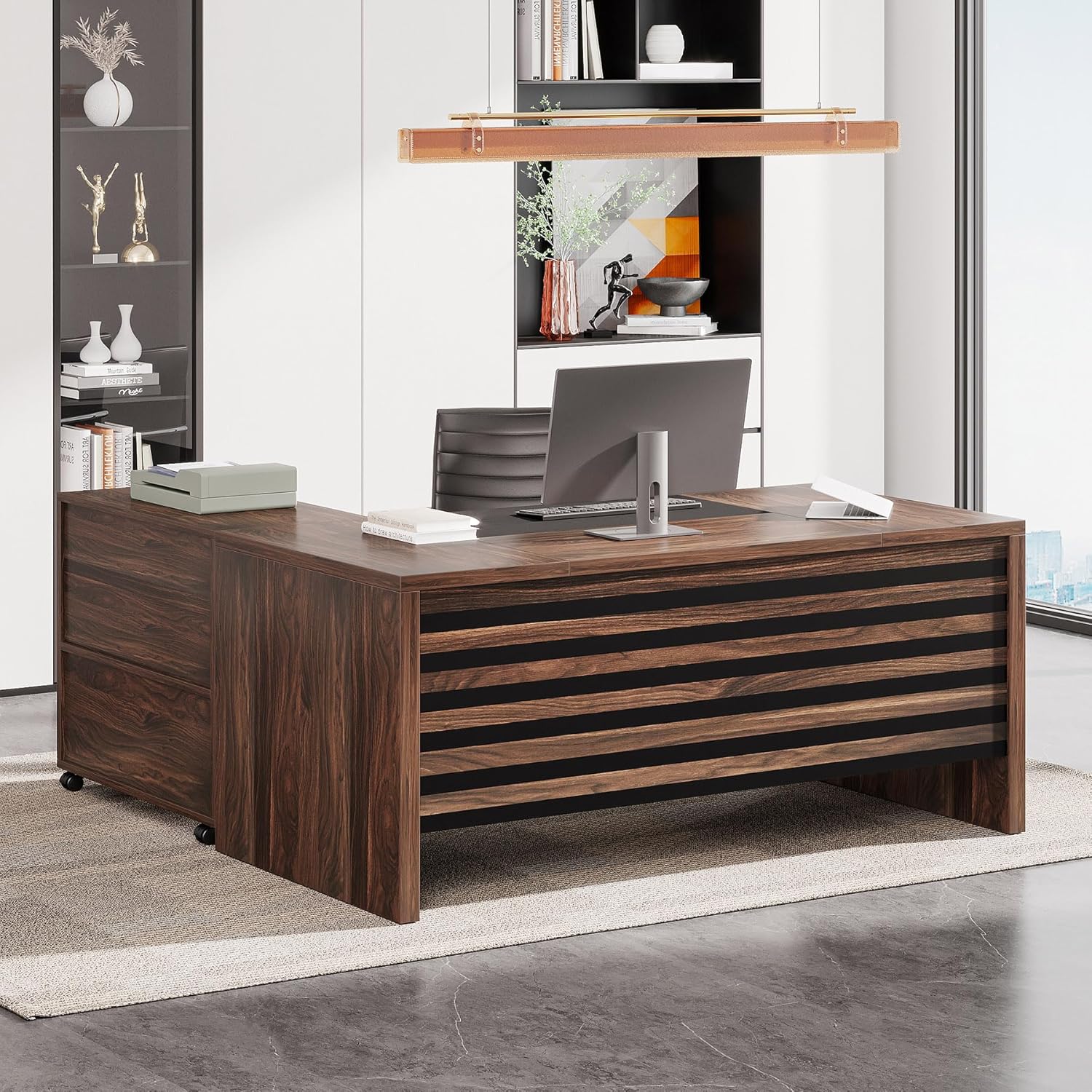 Tribesigns 62.2" Executive Desk with Mobile File Cabinet, L-Shaped Office Desk with Storage Shelves, Large Computer Table Business Workstation Set for Home Office, Dark Brown