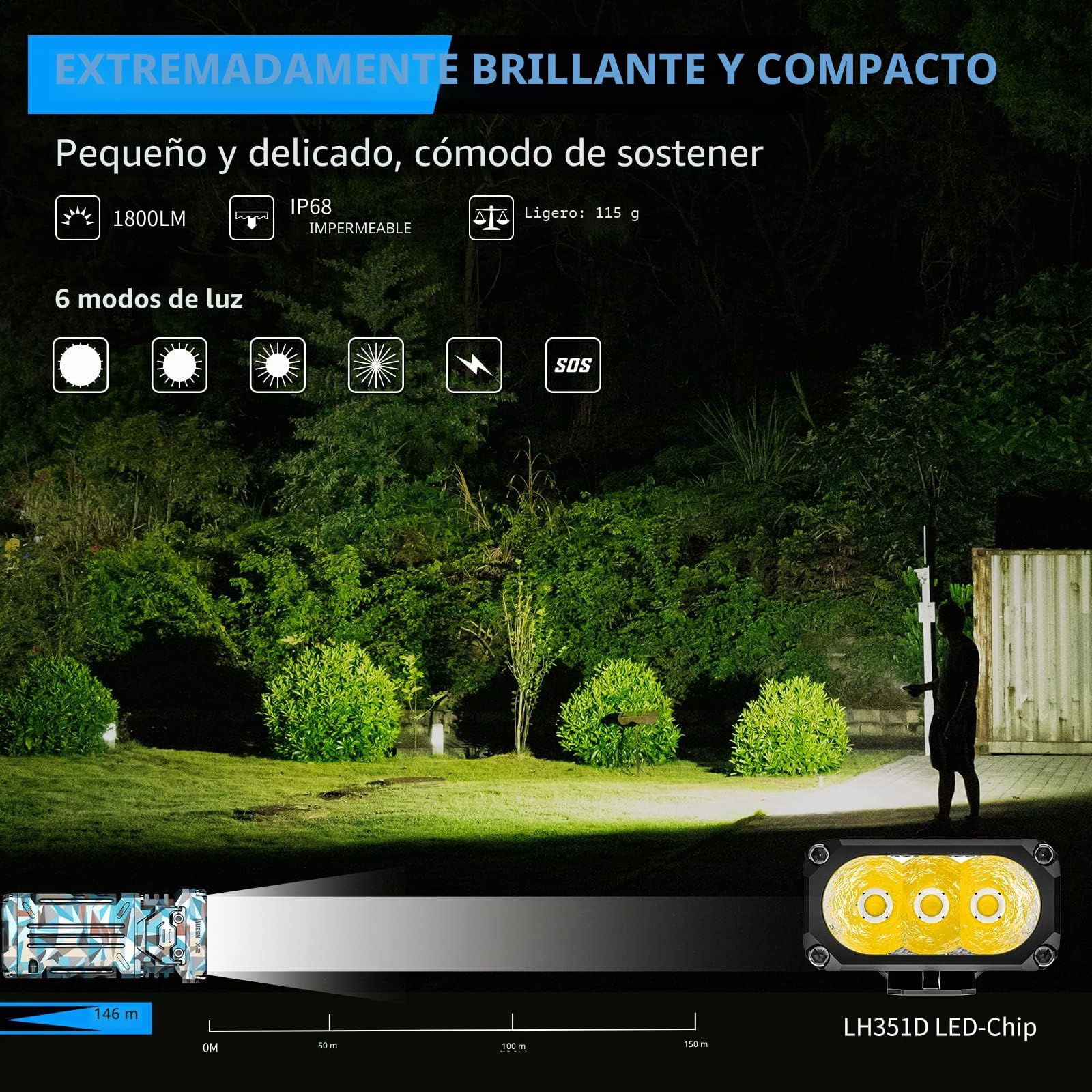 WUBEN X2 Linterna LED alta potencia 1800 lúmenes Antorcha LED recargable, mini Linterna 3 LED, 6 modos IP68 Linterna portátil impermeable para acampar, al aire libre, emergencia
