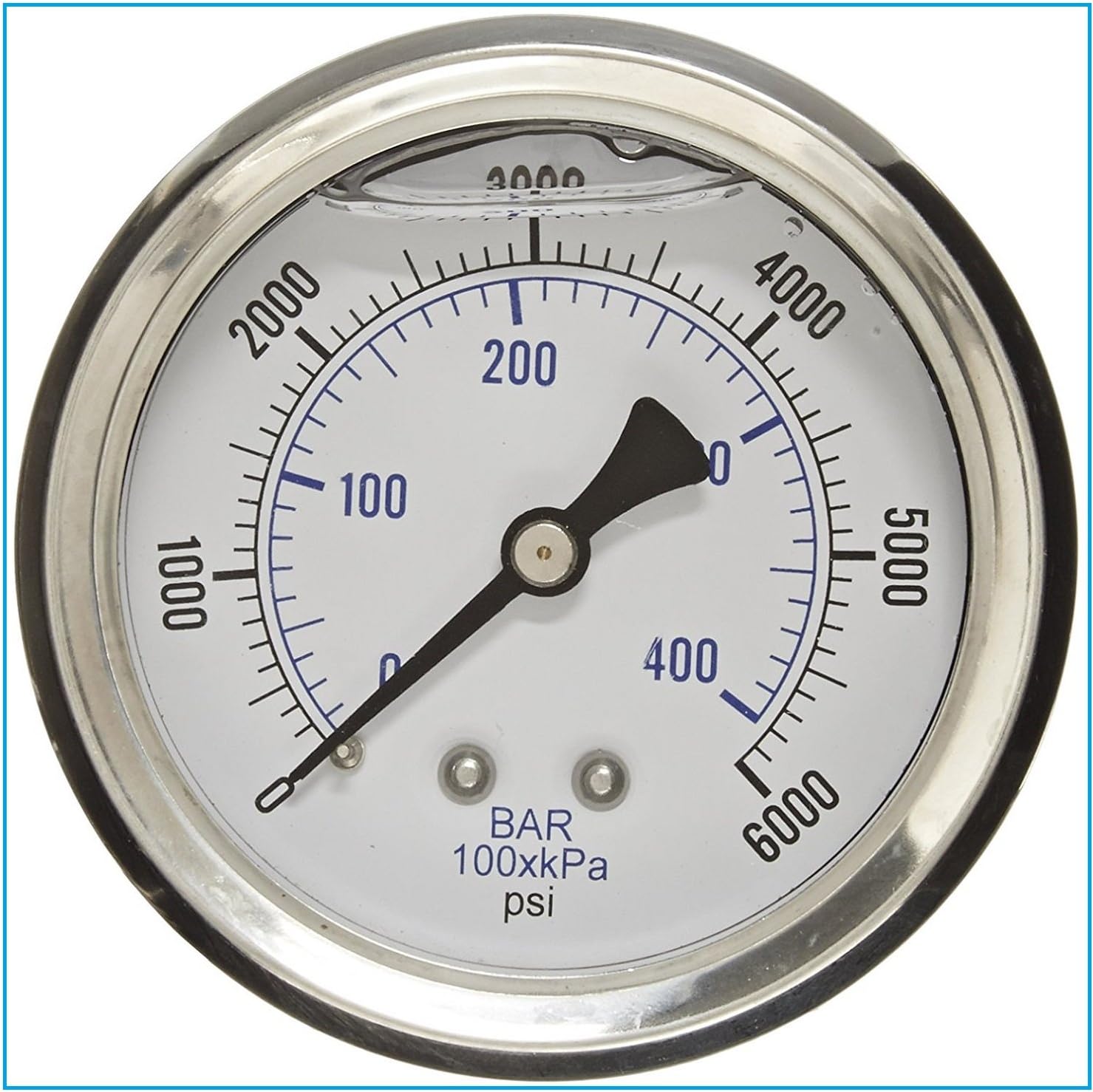Liquid Filled Pressure Gauge, 2.5 DIAL Display, Stainless Steel CASE, Brass INTERNALS, 1/4 Male NPT Back Mount Connection, Dual Scale PSI & BAR (0-6,000 PSI)