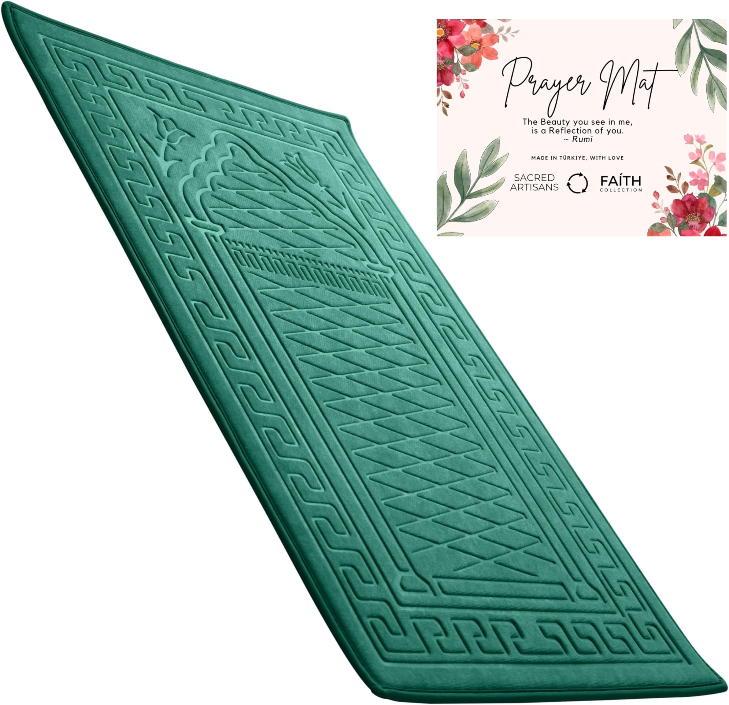 Sacred Artisans Prayer Mat | Padded Muslim Prayer Rug with Thick Foam, Soft Velvet, Gift for Ramadan (Paradise Green)