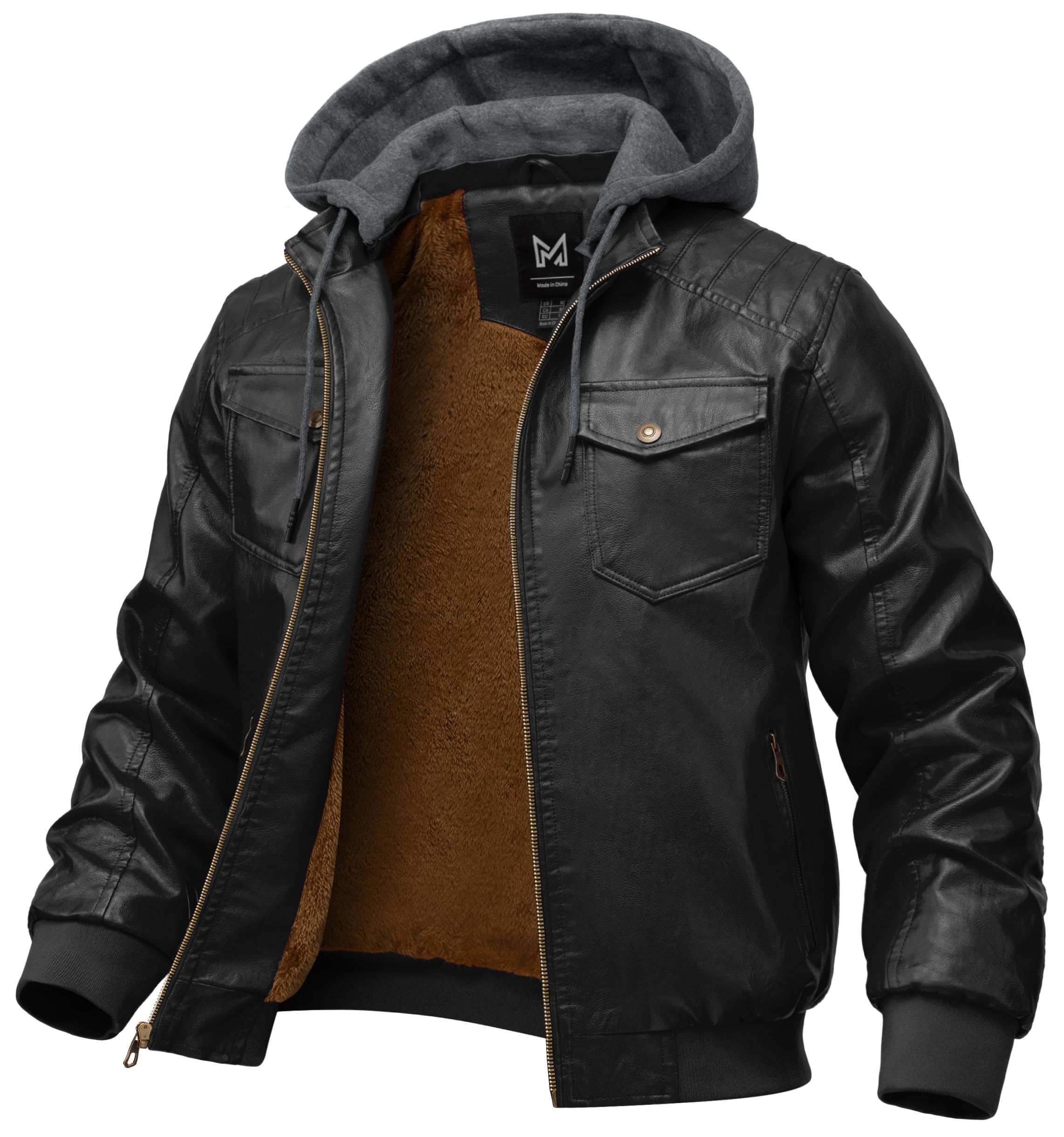 Men's Hooded Faux Leather Motorcycle Bomber Jacket