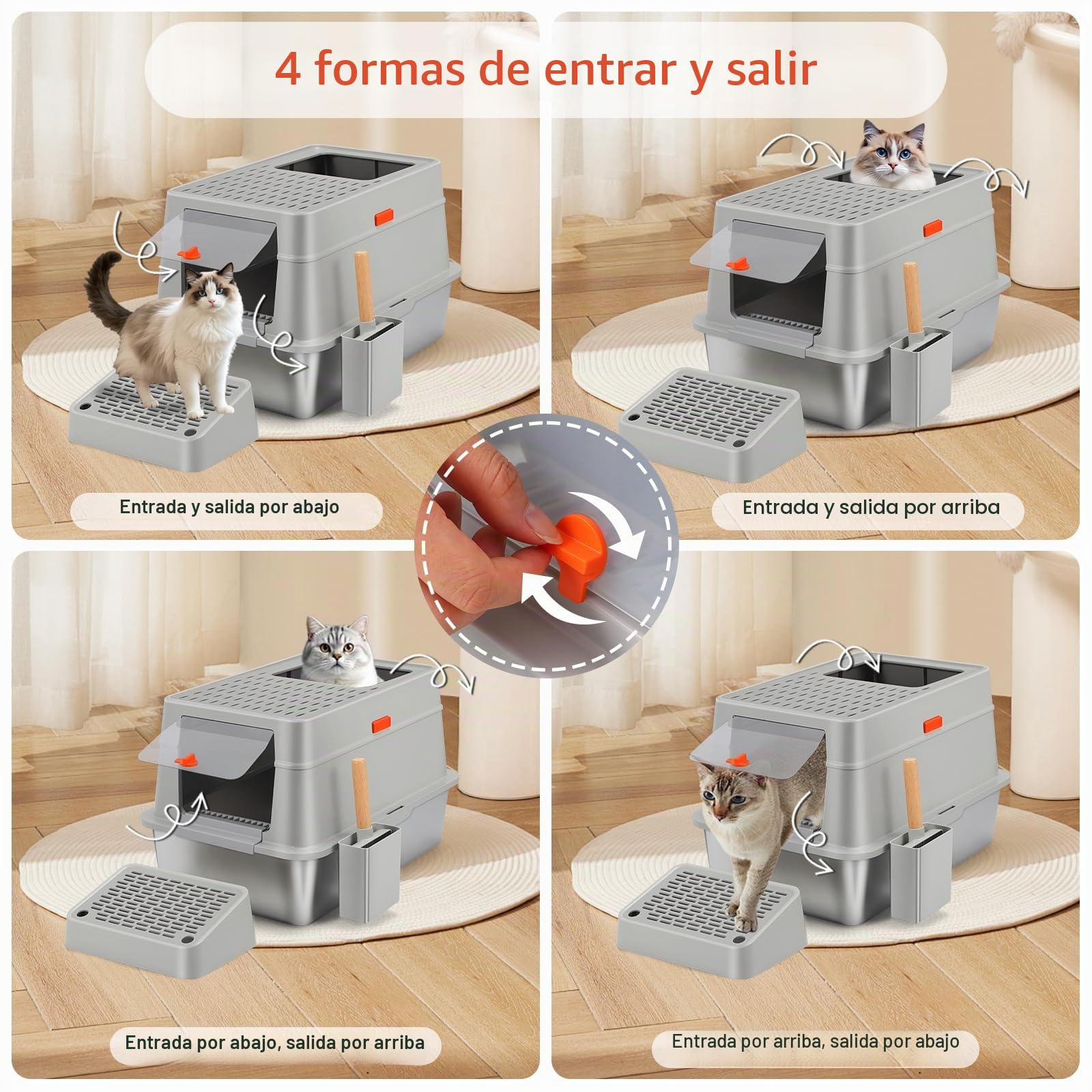 Caja de Arena para Gatos XXL de Acero Inoxidable con Tapa, 3 in 1 Arenero de Gato Grande, Caja de Arena metálica Cerrada de Gran Capacidad de 35L con Pala, Antifugas, Inodora y Fácil Limpieza