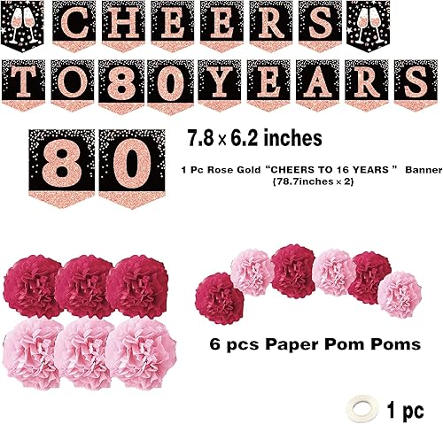 Miniatura 5 de Decoraciones de cumpleaños número 80 para mujer  (21 unidades) pancarta de alegría a 80 años con purpurina de oro rosa para mujeres, 6 pompones de