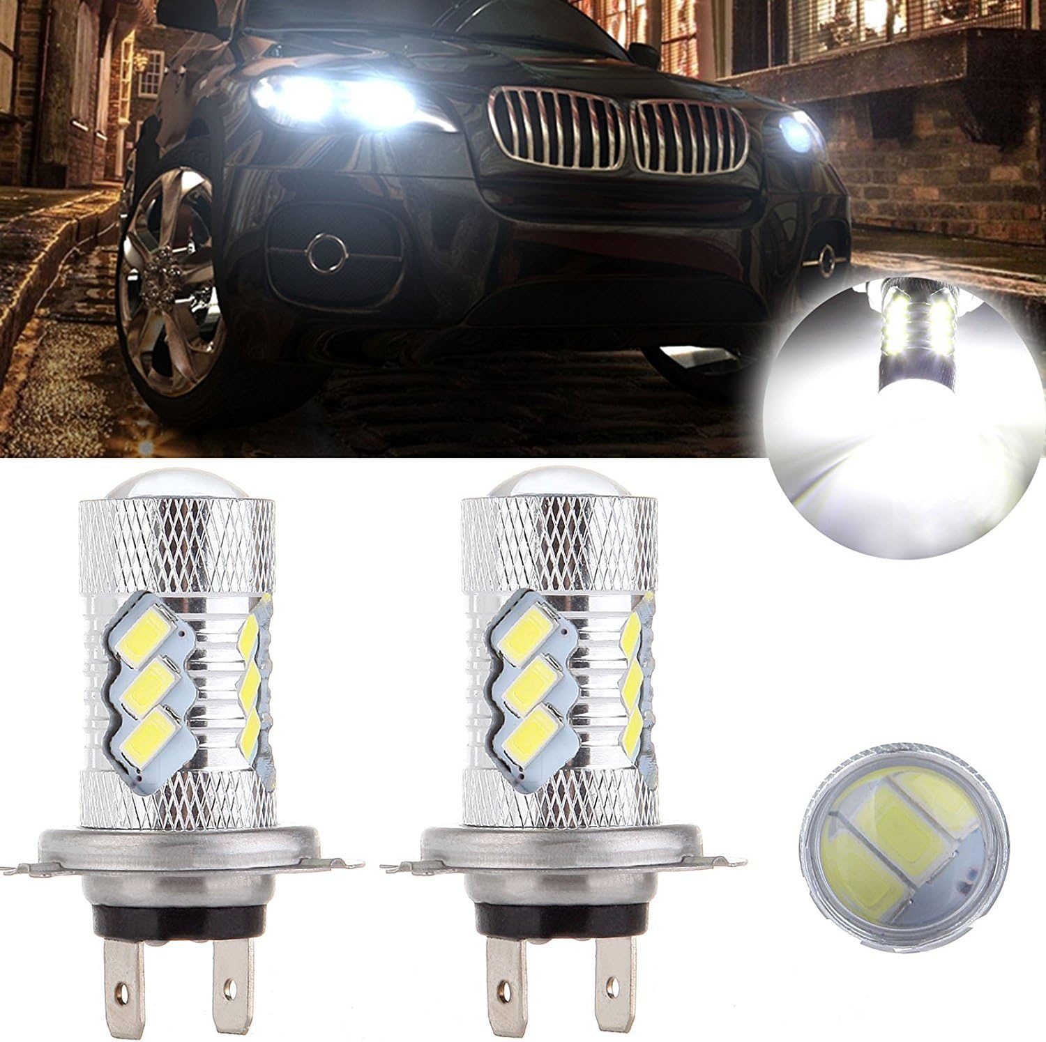 Apro 6000 Lumens 60W OSRAM H7 LED Bulbs with Projector for DRL or Fog Lights 6000K Xenon White (Pack of 2)