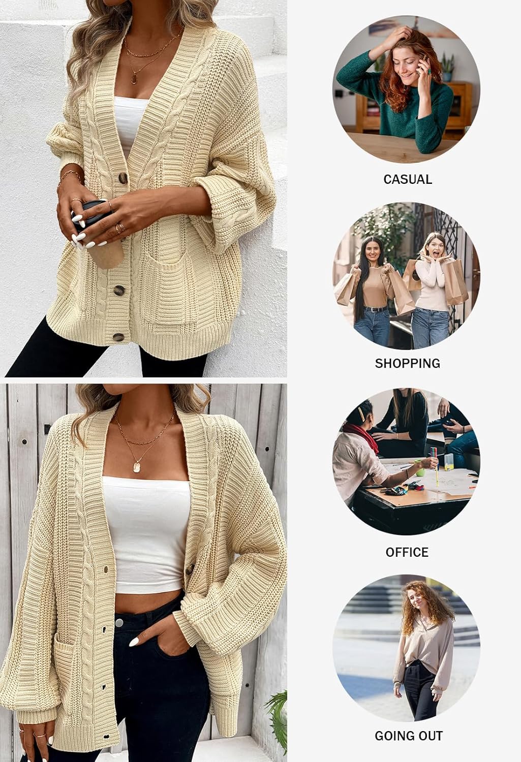 Pink Queen Fall Winter Long Sleeve Open Front Cable Knit Cardigan Oversized Loose Stripe Vintage Button Up Sweater Coat Apricot XL - Image 8