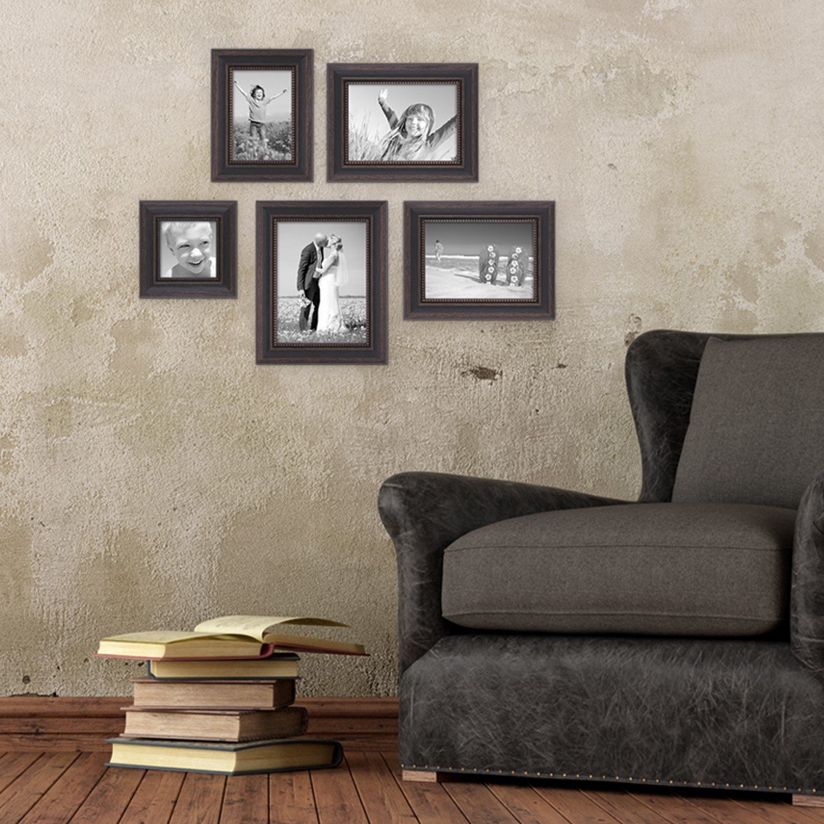 5er-Set Bilderrahmen, Dunkelbraun Landhaus-Stil shabby-chic 10x10, 10x15, 13x18 und 15x20 cm inkl. Zubehör/Fotorahmen